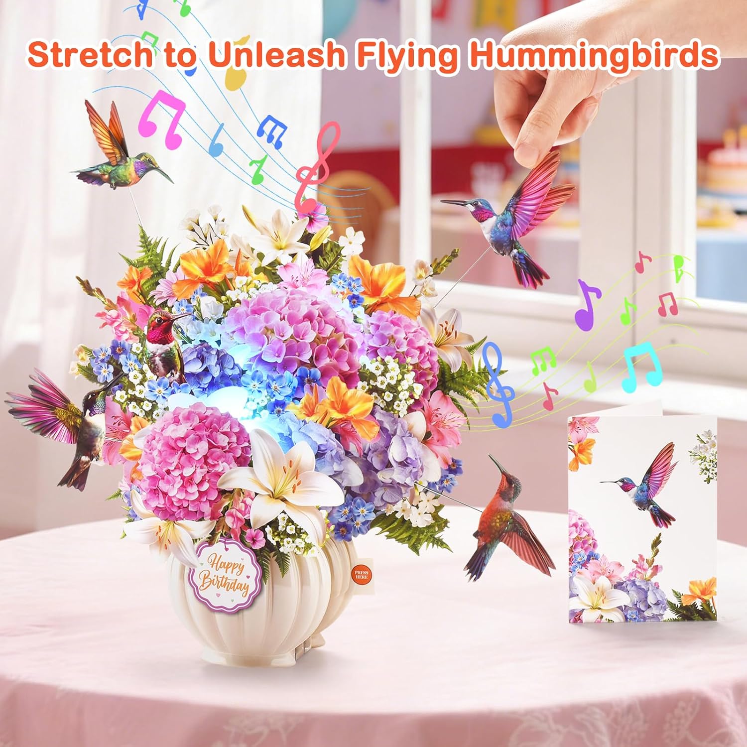 Thumbnail 1 de VIVIKEN Musical Hummingbird Pop-Up Birthday Card with Lights, A5 Floral Design