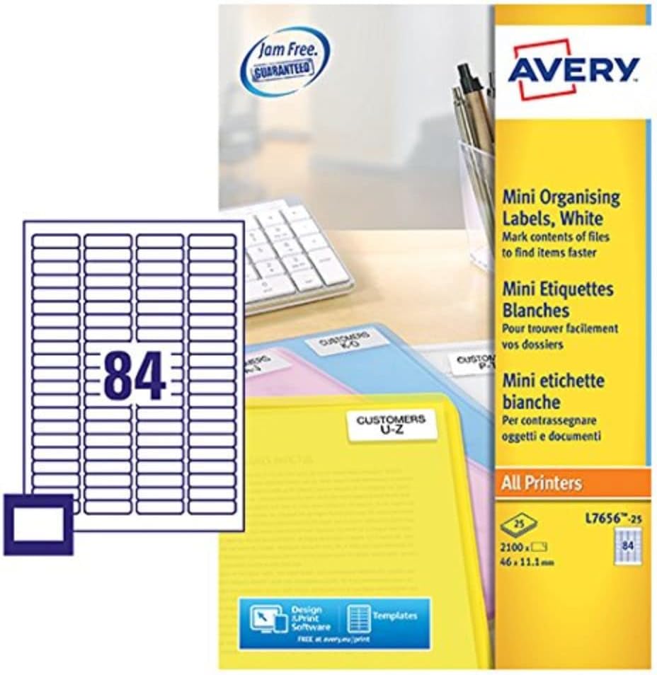 Avery JamFREE Printable Mini Multipurpose Labels (46 x 11.1 mm) – 84 per sheet, 2100 per pack
