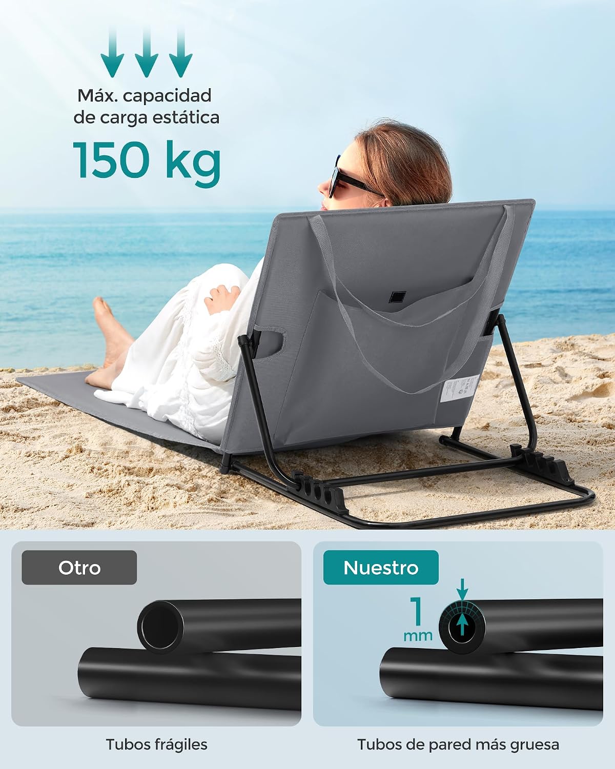 Detalle de SONGMICS Juego de 2 Tumbonas de Playa GCB251G01: confortables, ligeras y plegables