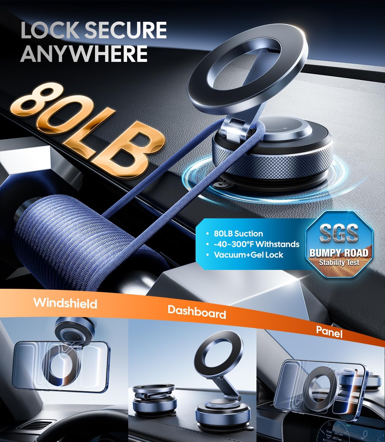 Thumbnail 1 de Wigoo Vacuum Magnetic Phone Holder for Car with 80LBS Suction and 360° Adjustment