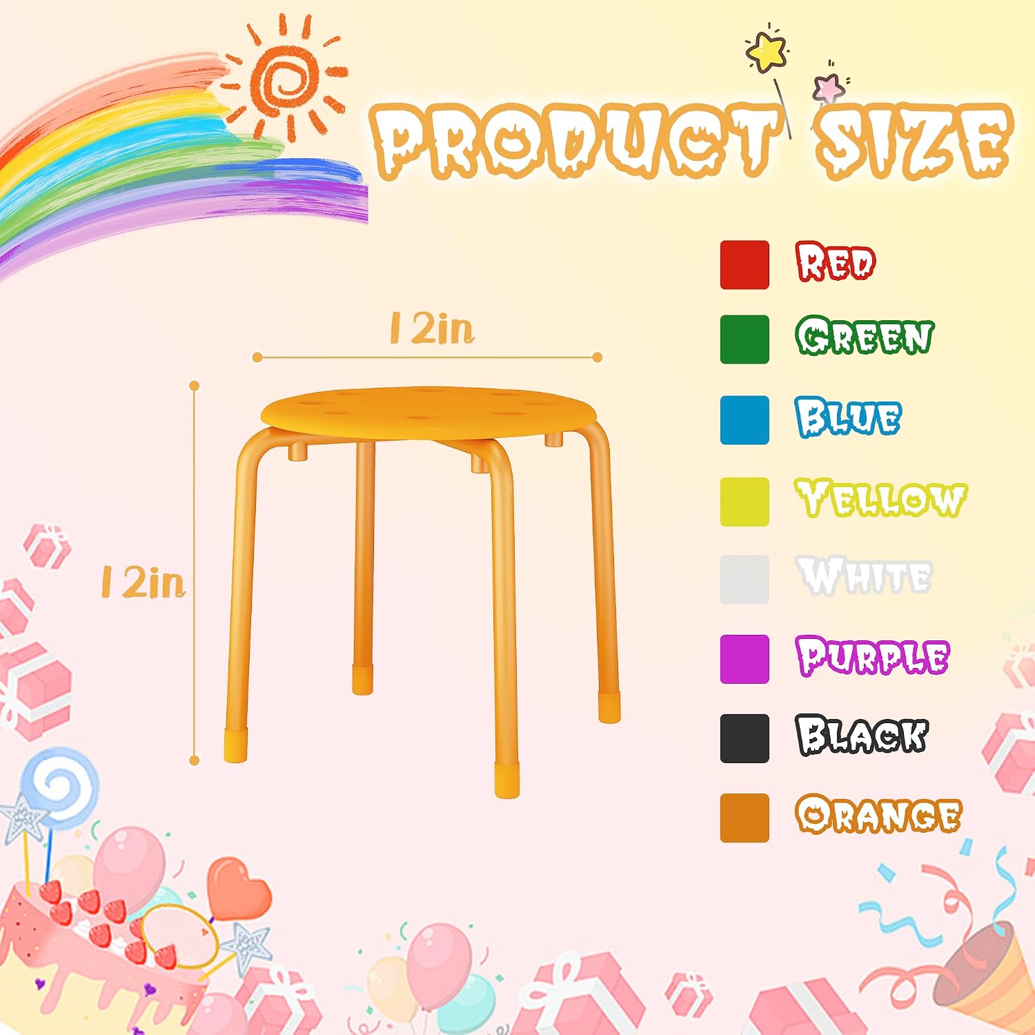 Detalle de VECELO Stackable Stools, 8-Piece Set, 12-Inch Seats, Rainbow Colors