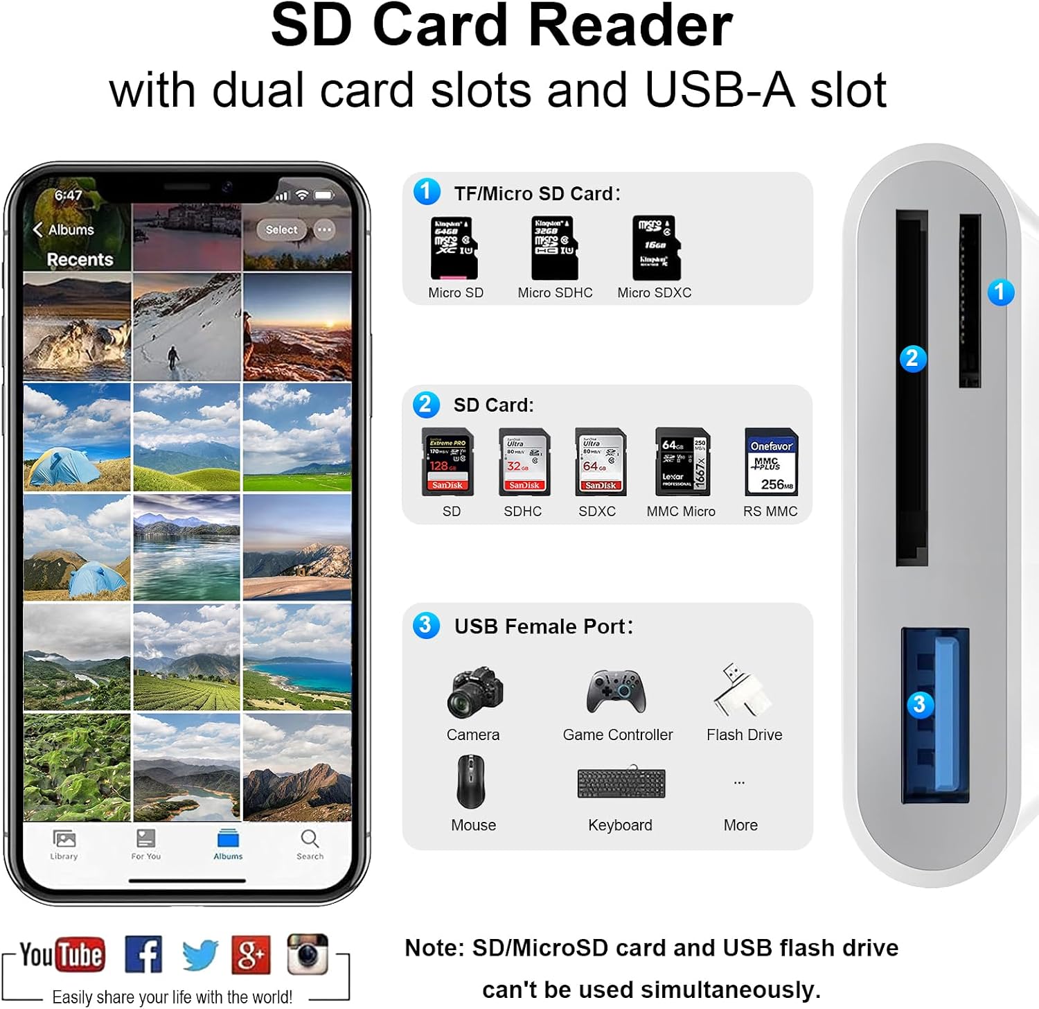 Detalle 2 de Dalimee 3-Port SD Card Reader with Lightning, USB-C and USB-A – for SD, microSD and USB devices