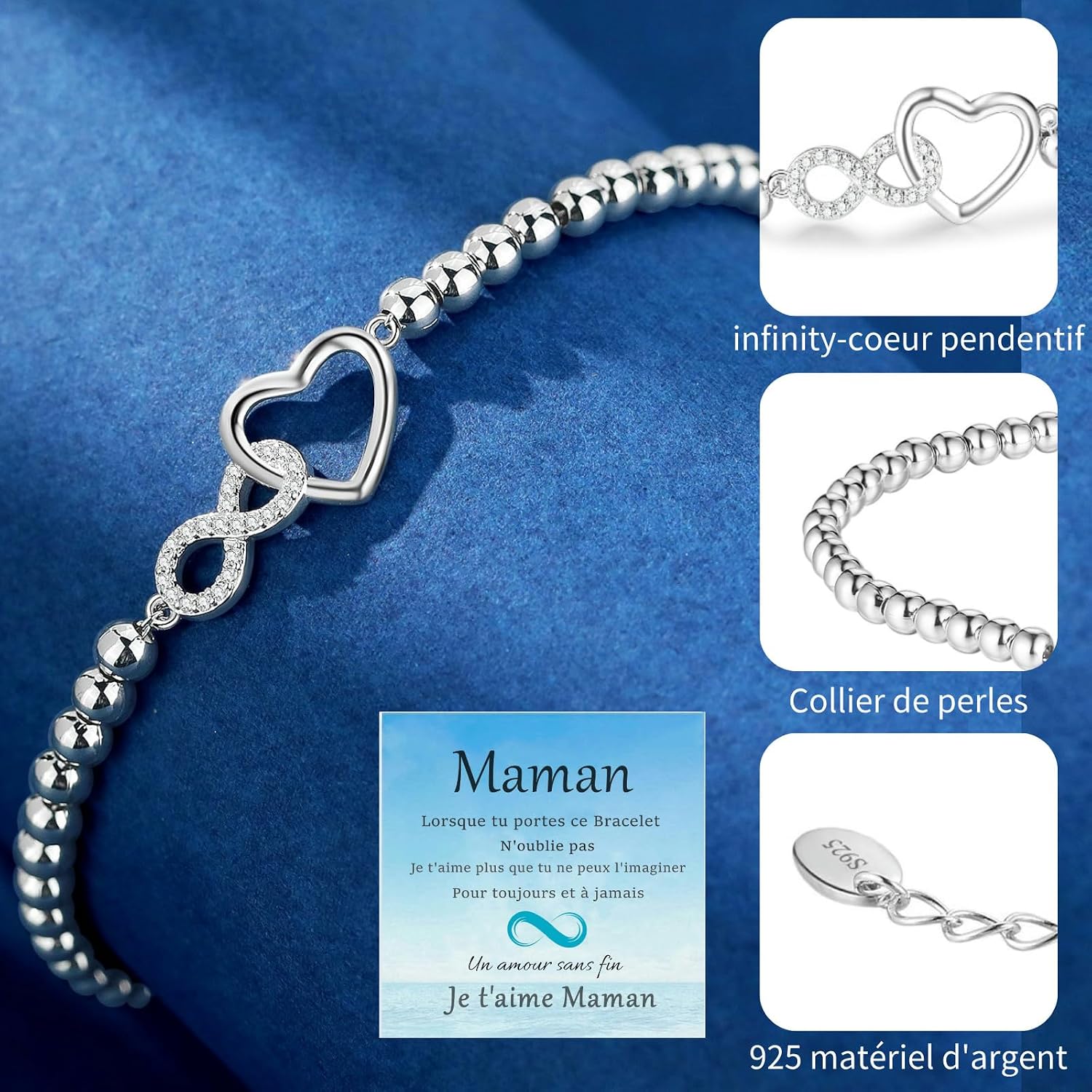 Detalle de Bracelet femme Jbniuay argent 925 Infinity cœur « Mama » ajustable