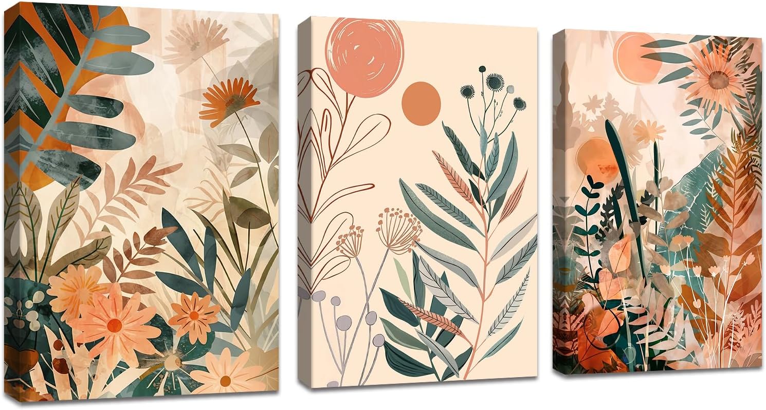 Detalle de 3Pcs Boho Orange Set mit Rahmen – Abstract Leaves & Sun, 120x60 cm, 3-teilig