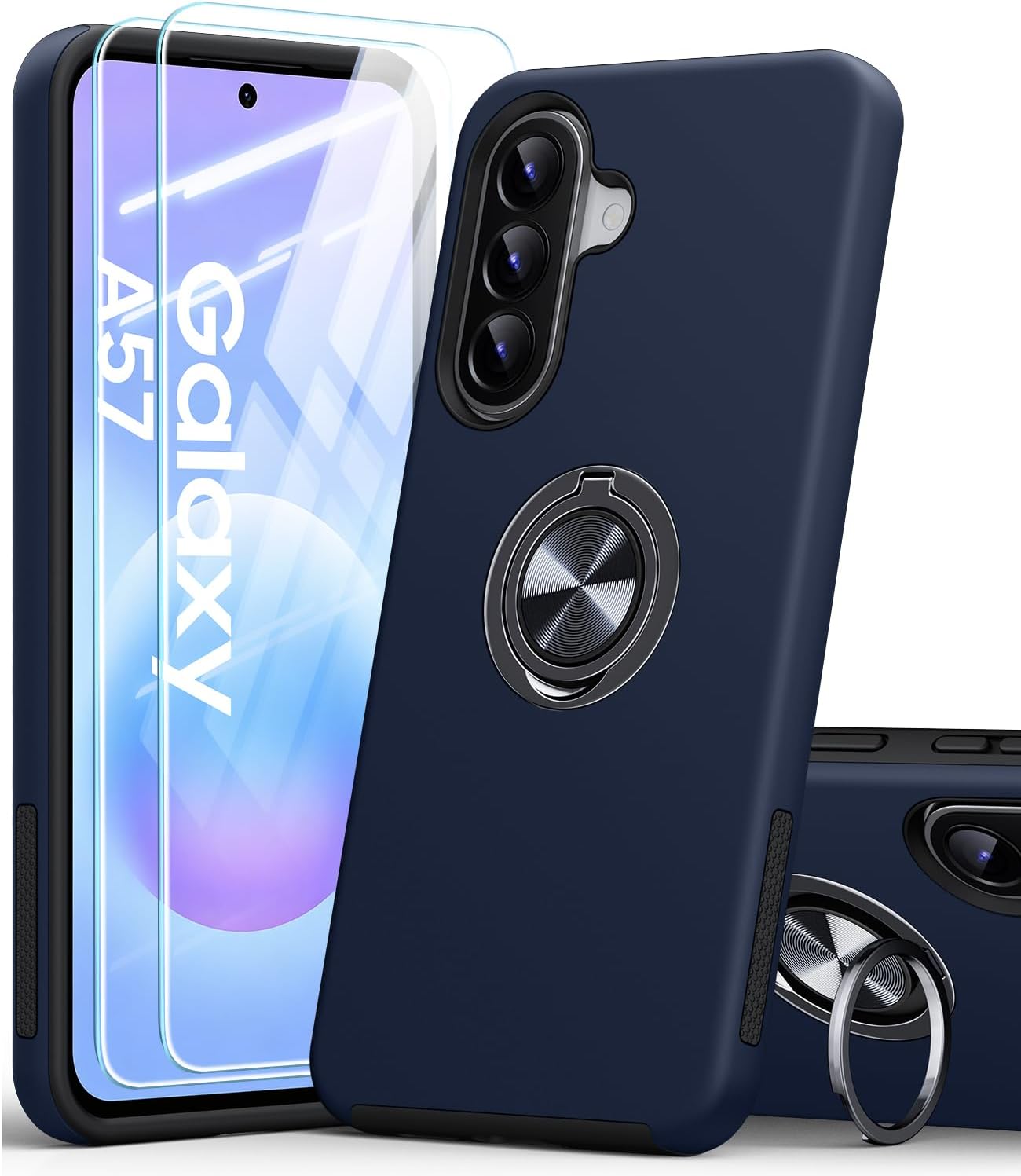 Detalle de AOUIA Hülle für Samsung Galaxy A57 5G mit 2x Panzerglas – 360° Ring-Ständer, Militärschutz, Blau