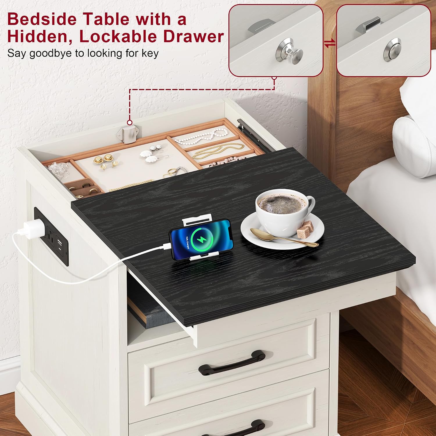 Thumbnail 4 de Yusong Nightstands Farmhouse Bedside Table with Charging Station and 2 Drawers