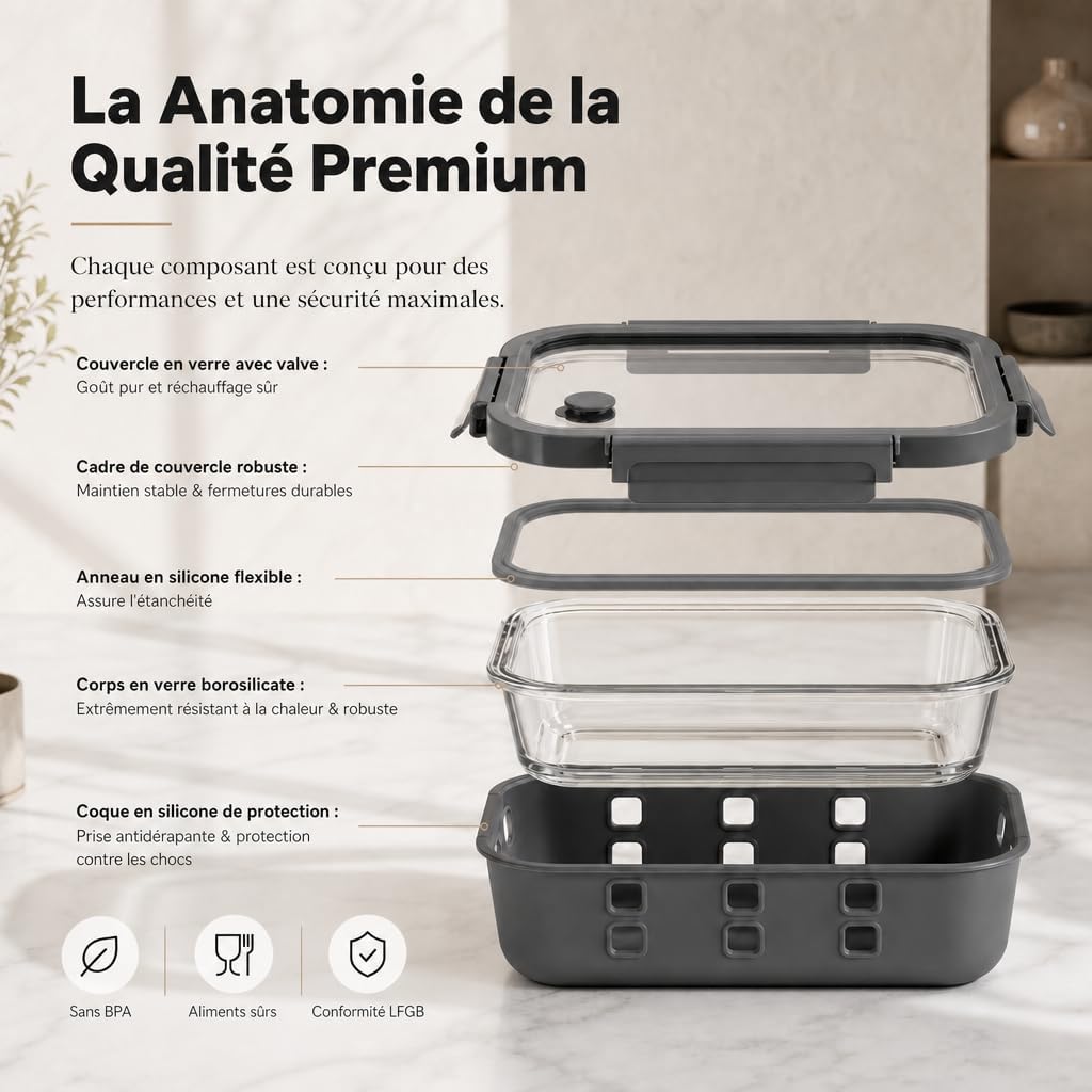 Detalle de Dalena Home Tarifa mealprepboxen, 3 x 1.520 ml, glazen deksel en siliconen hoes
