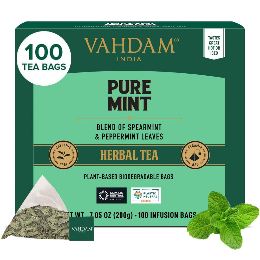 Detalle de VAHDAM Pure Mint Kräutertee Beutel (100 Teebeutel) koffeinfrei – Pfefferminze & Krauseminze