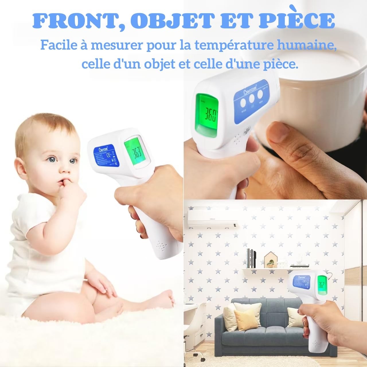 Detalle de Berrcom Kontaktloses Infrarot-Stirnthermometer: 3-in-1 Fieberthermometer für Babys, Kinder & Erwachsene