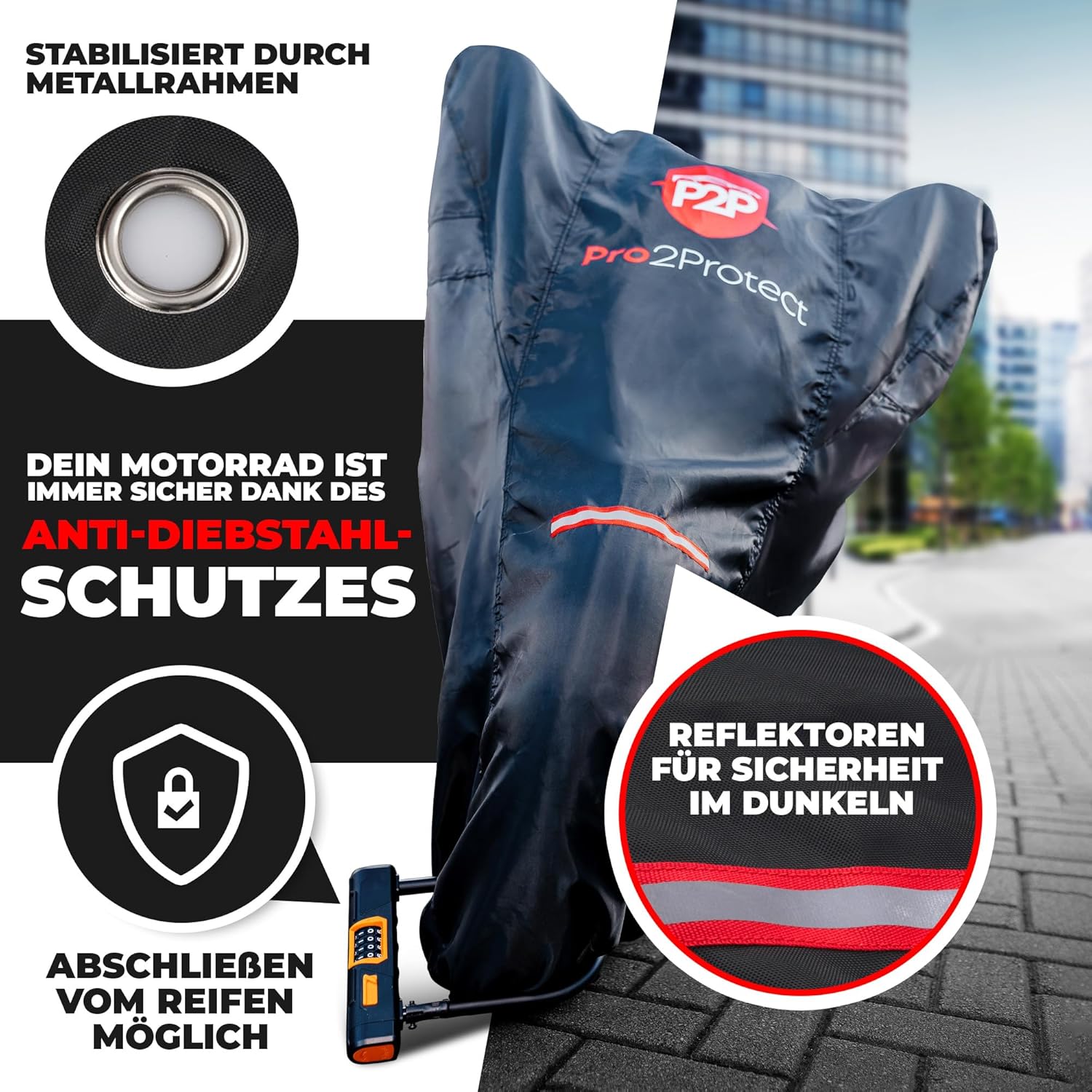 Detalle de Pro2Protect Motorrad Abdeckplane Schwarz Rot – universell, wasserdicht, 245x105x125 cm
