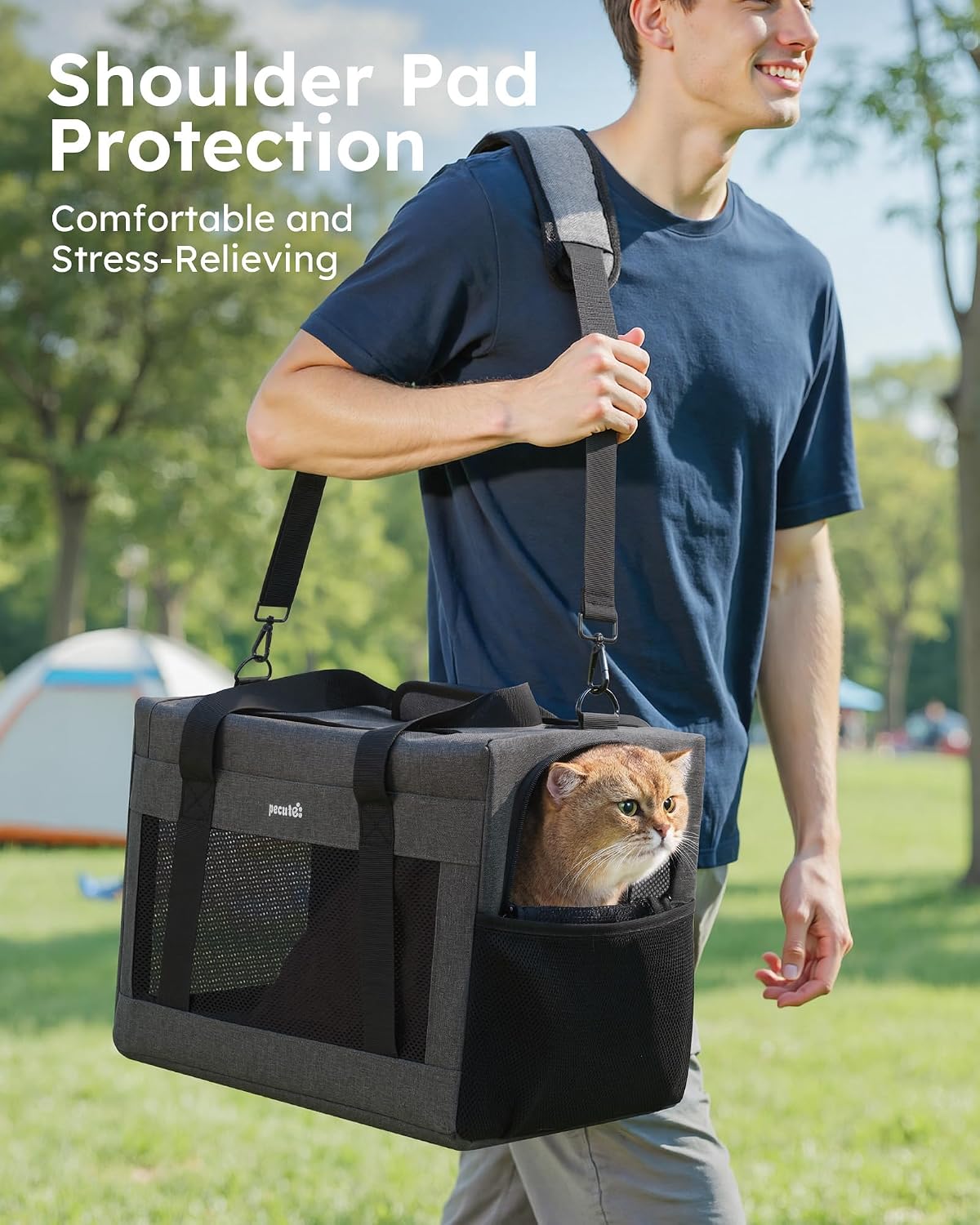 Detalle 2 de pecute Katzentasche / Hundetransporttasche Stabiler Rahmen, belüftetes Mesh-Fenster, bis 5–7 kg, Hellgrau (XL)