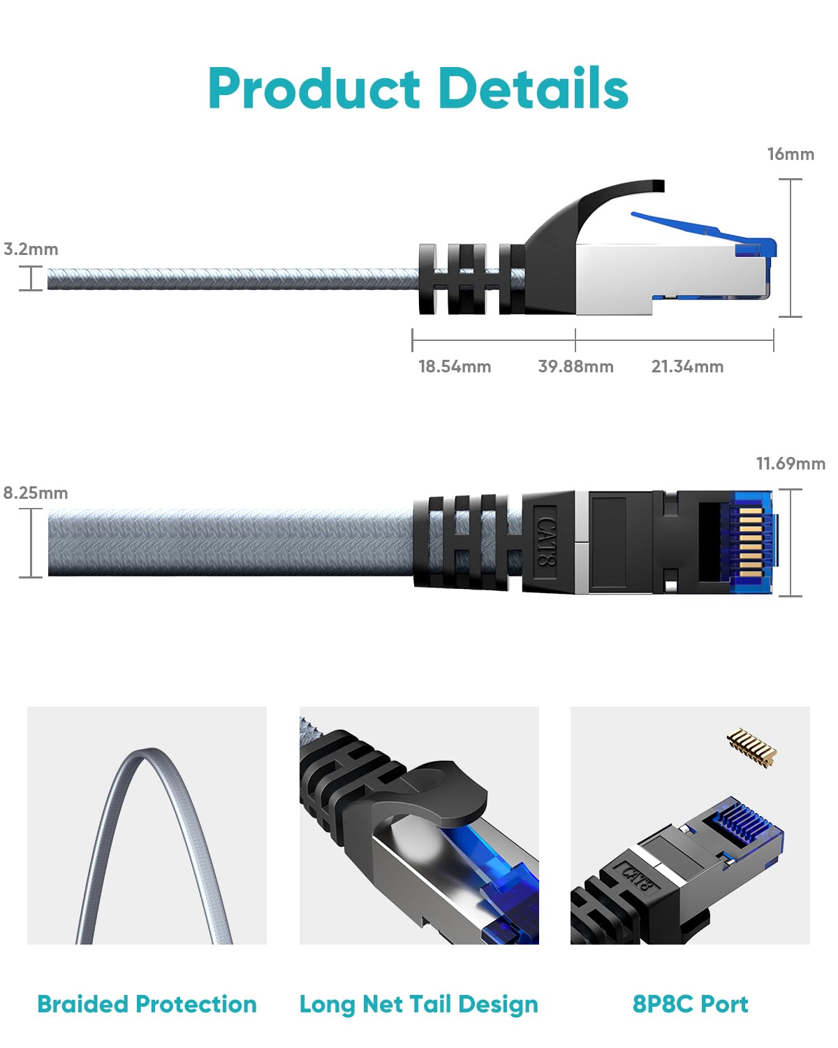 Thumbnail 4 de BUSOHE Cat 8 Ethernet Cable 0.5m (5 Pack) – High-speed braided flat RJ45 STP
