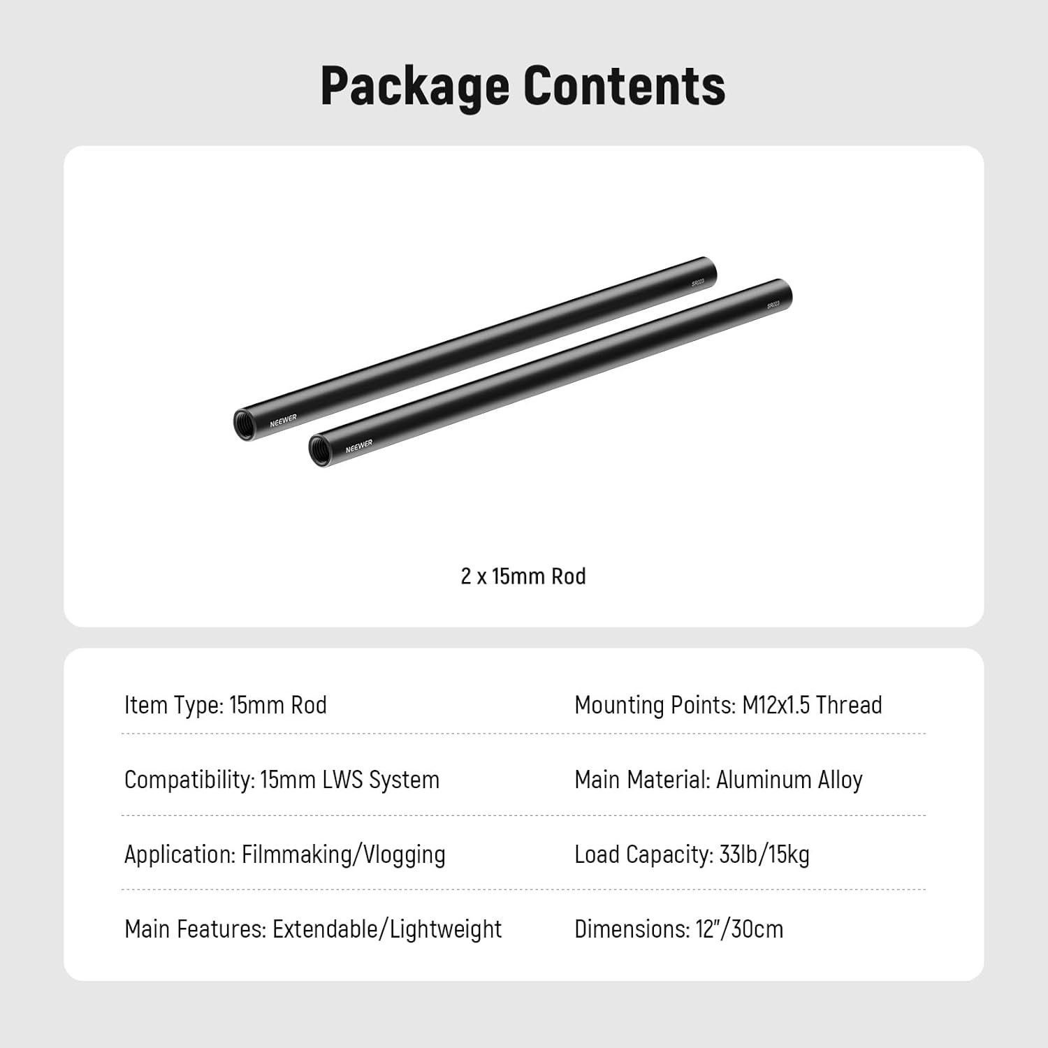 Thumbnail 5 de NEEWER Tiges d’extension 15 mm LWS SR023 (30 cm), lot de 2