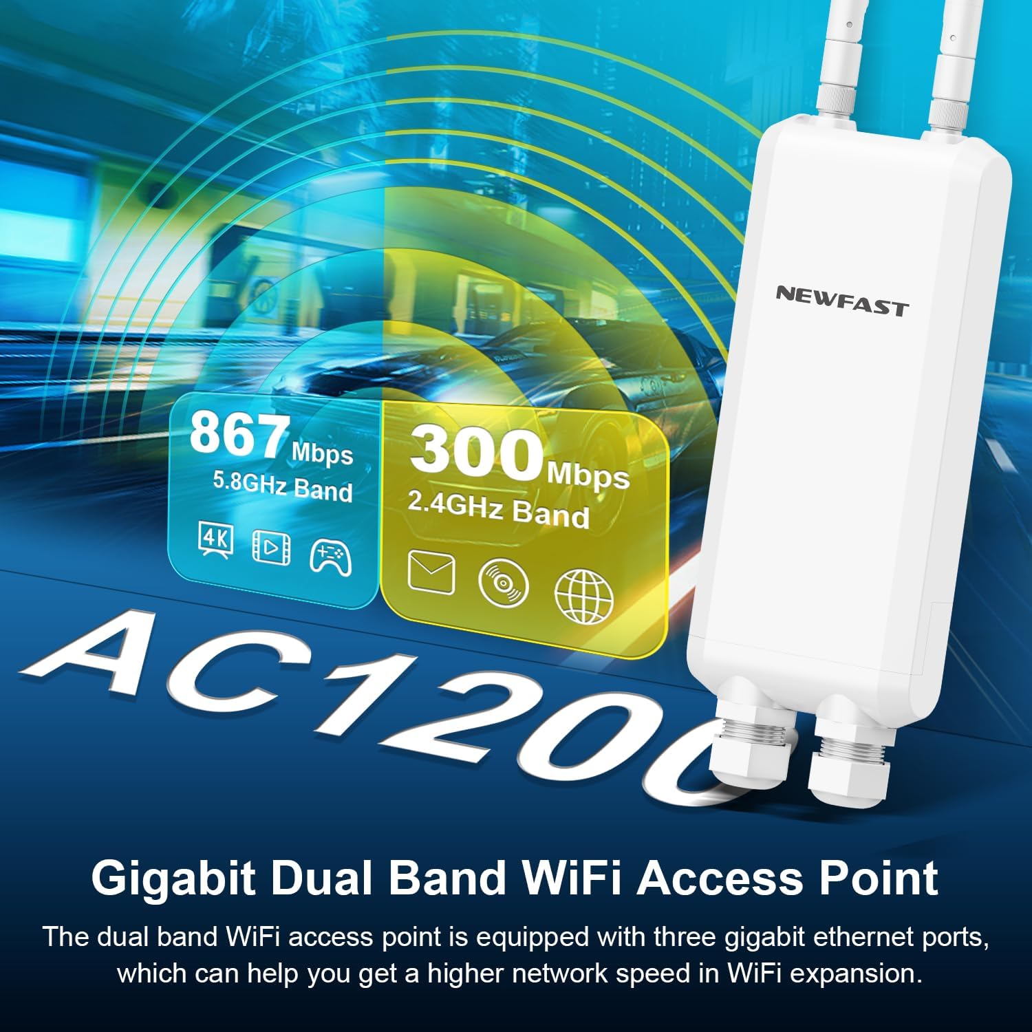 Detalle 2 de NEWFAST 1200Mbps Outdoor Wireless Access Point, Dual-Band WiFi, IP66, 4 Modes