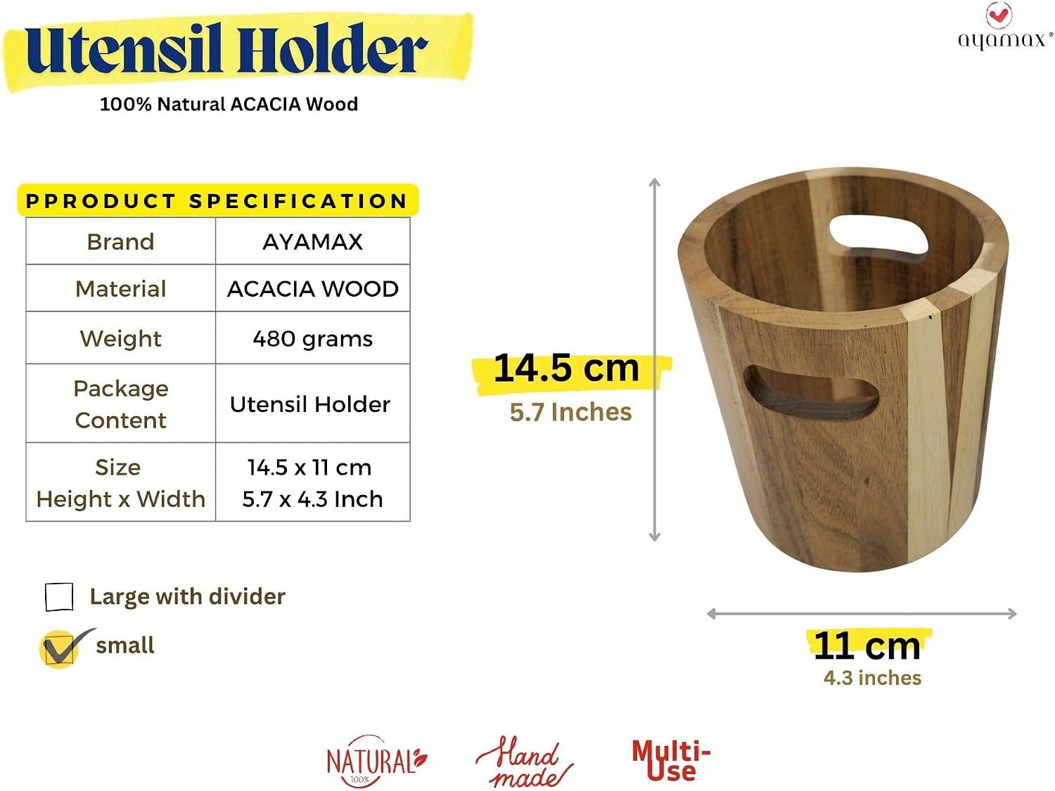 Detalle de AYAMAX AYA00211 Acacia Wood Utensil Holder, Small, 360° Rotating