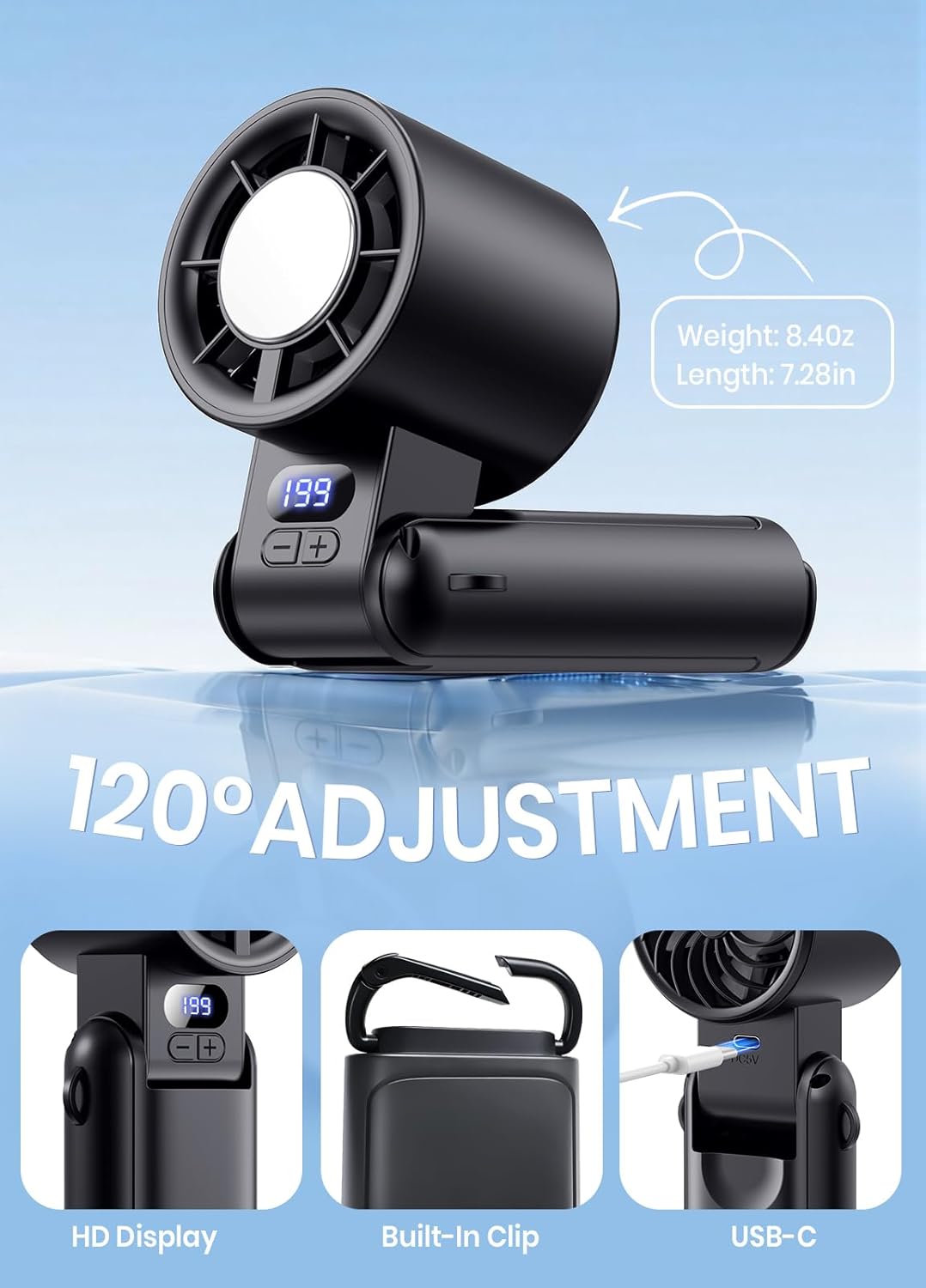 Detalle de Deyhoc Handheld Fan Rechargeable with LED Display and Clip: 3-in-1 Portable Cooling