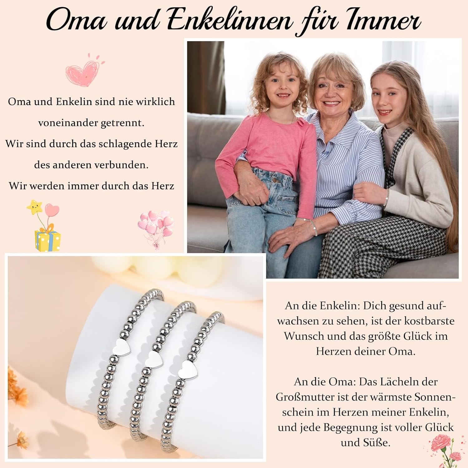 Thumbnail 2 de SUNSH Mutter-Tochter Armband Set – Herzmotiv, 2er/3er Pack, Größen 17+5 cm und 15+4 cm, hypoallergen, Schulanfang & Muttertags-Geschenk