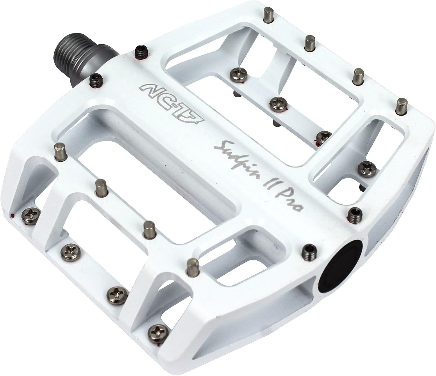 Detalle de NC-17 Sudpin II Pro – białe aluminiowe pedały platformowe z osią Cr-Mo