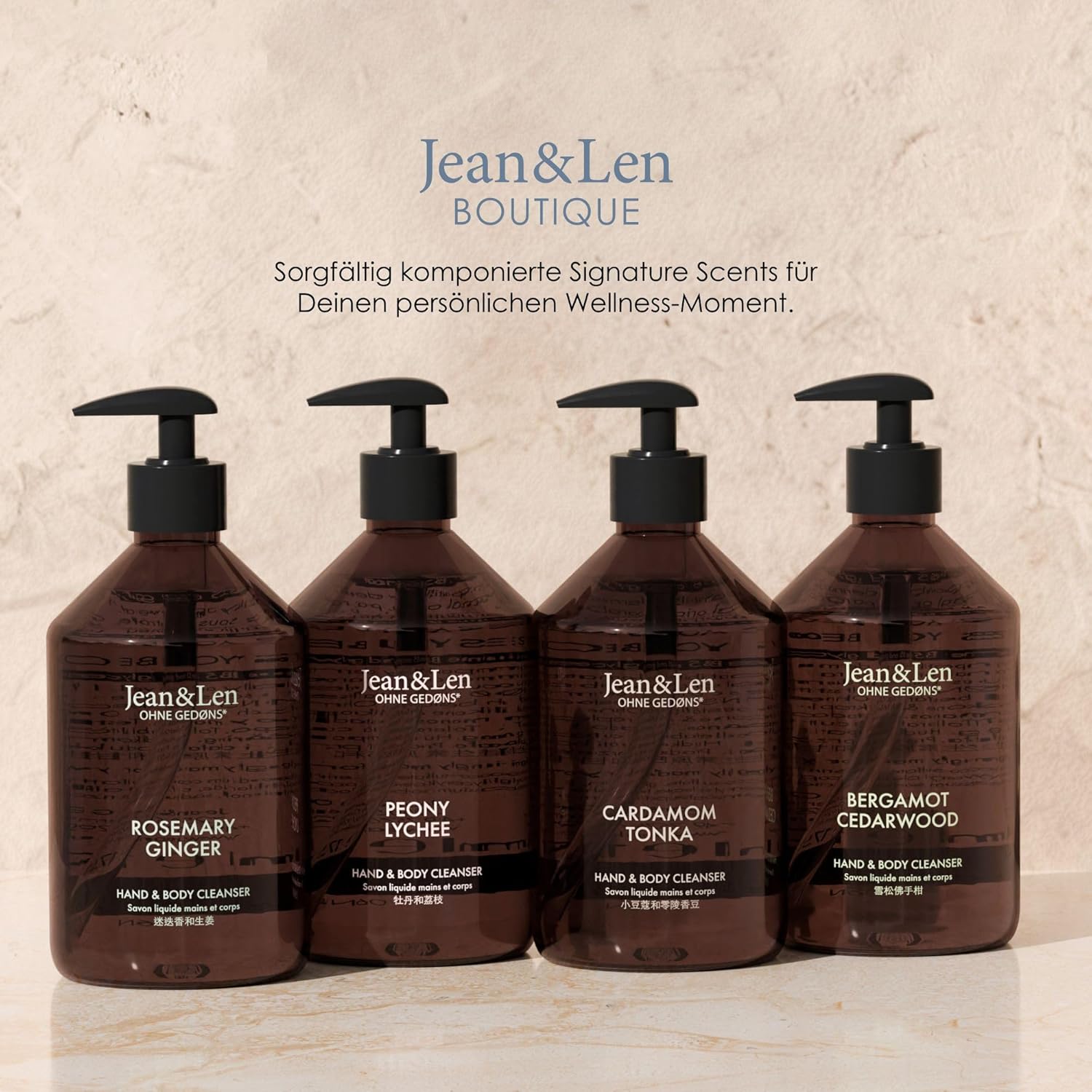 Detalle de Jean & Len Hand & Body Cleanser Bergamot & Cedarwood – vegane Flüssigseife für Hände und Körper, 500 ml