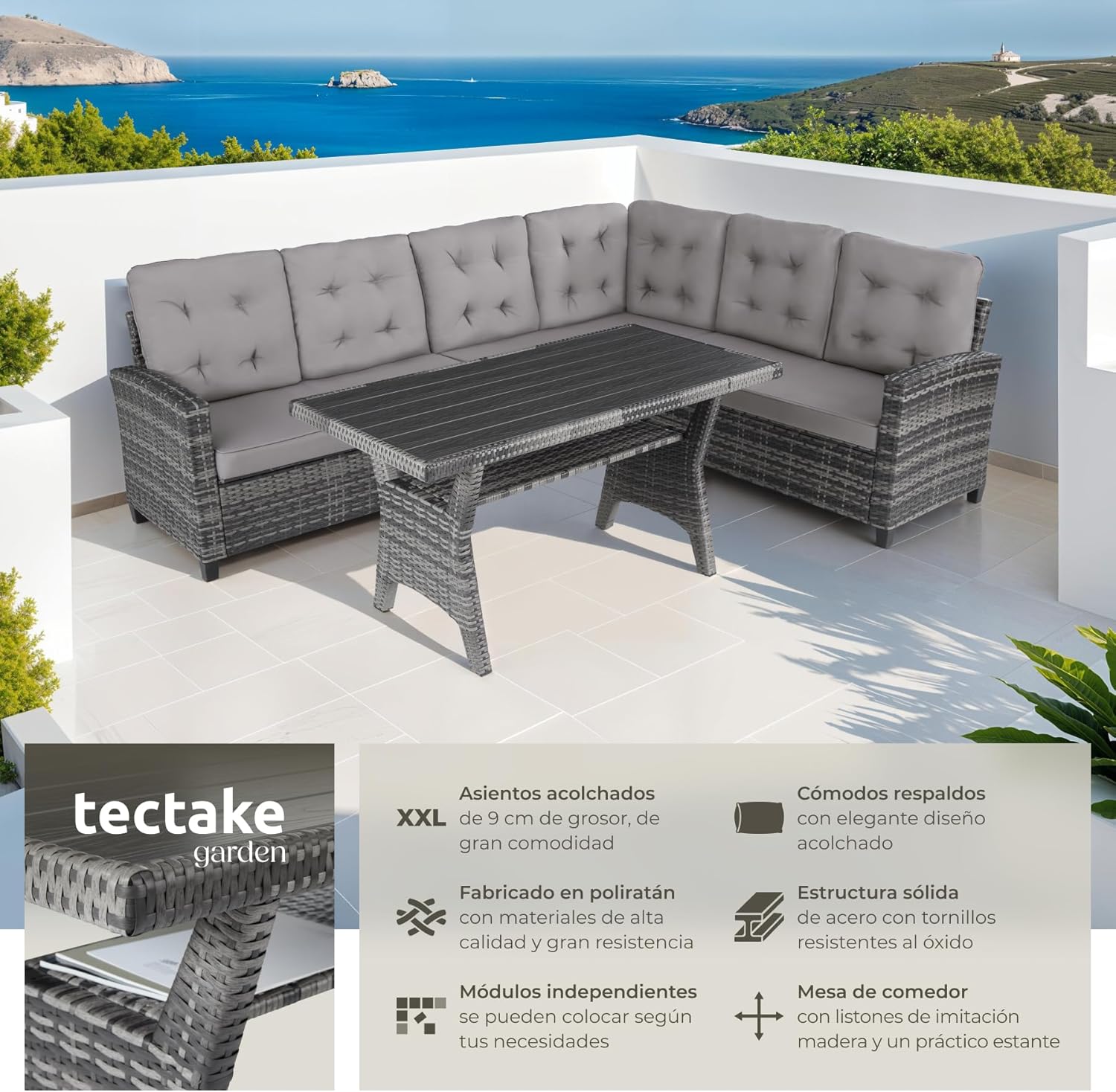 Thumbnail 1 de TecTake Conjunto Jardín Ratán 9 cm Gris