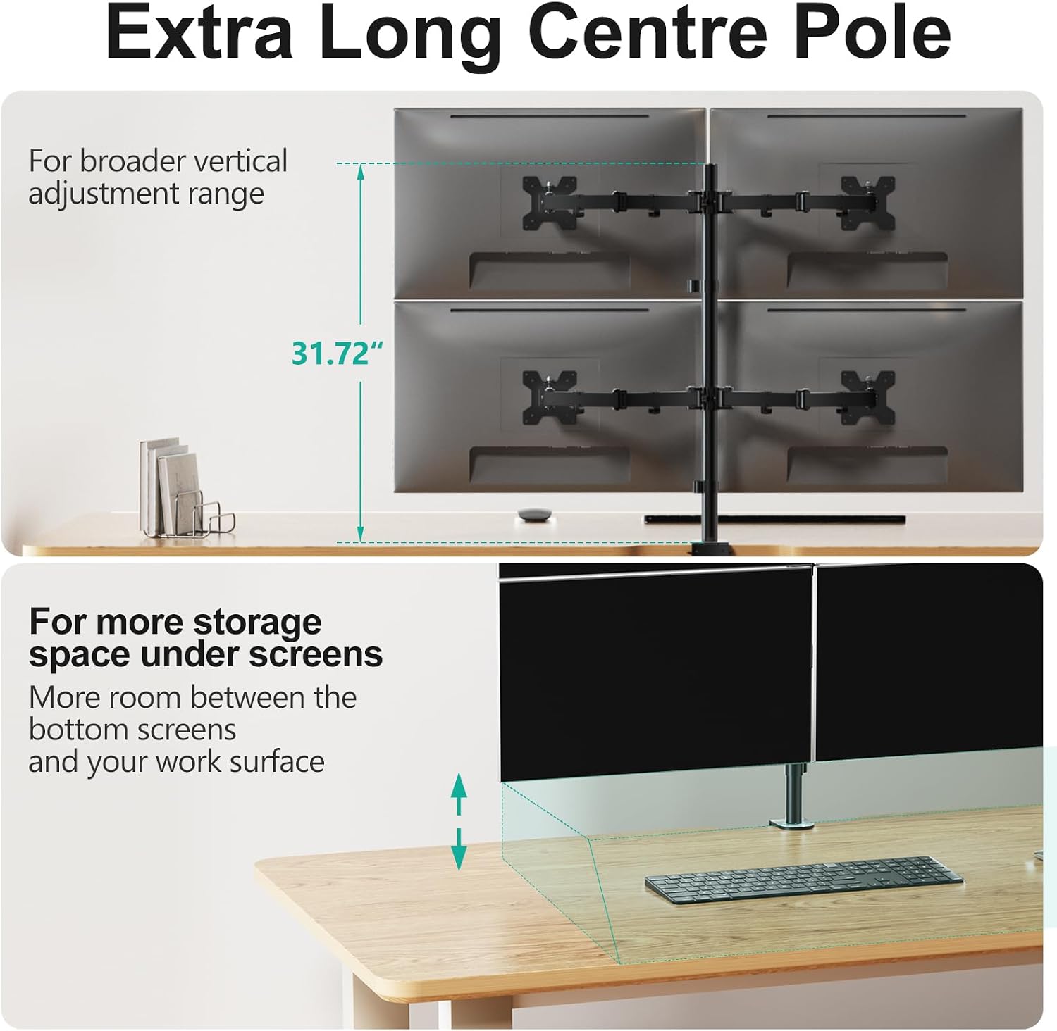 Detalle 1 de WALI M004 Quad Monitor Desk Mount, Adjustable Arms for Screens up to 27 Inch