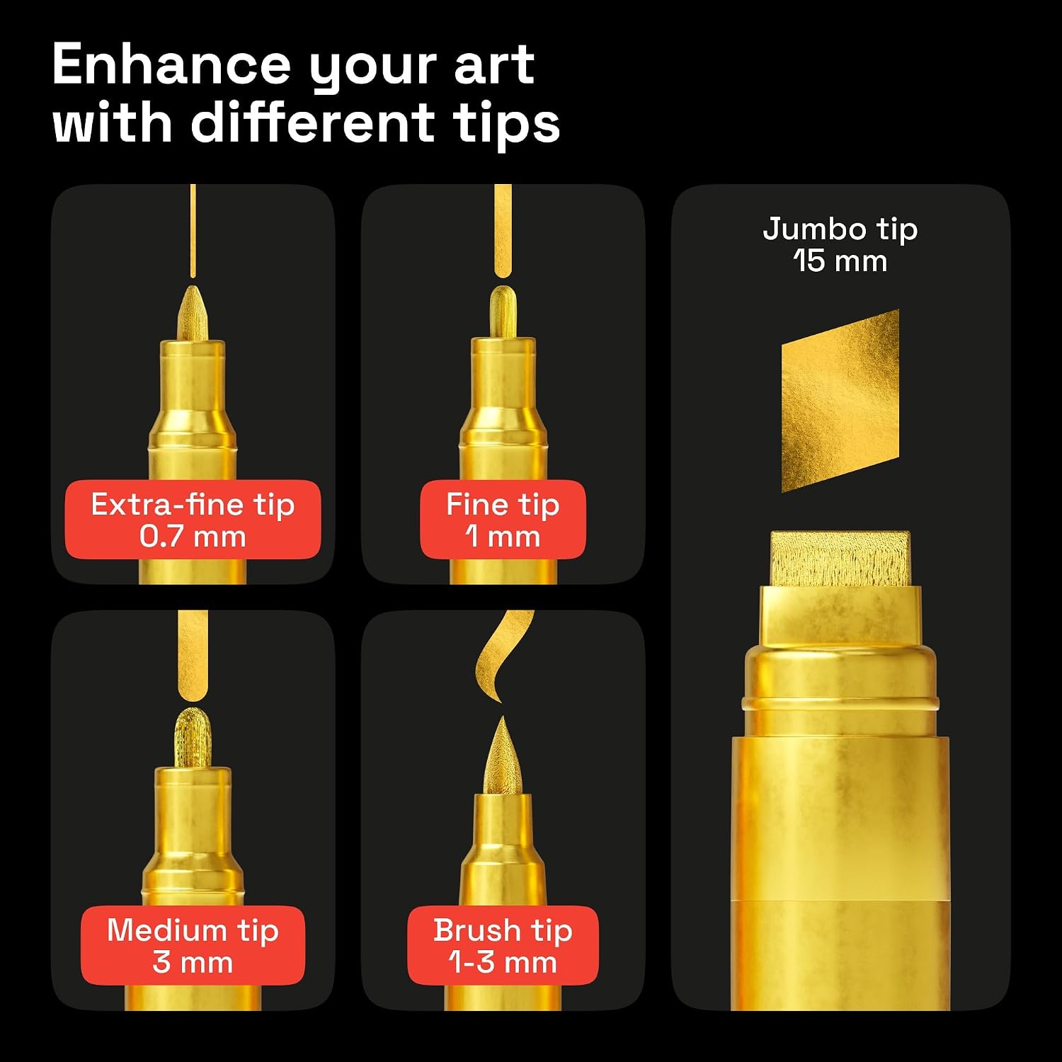 Thumbnail 1 de ARTISTRO Gold Acrylic Paint Markers, Set of 5 with Five Tip Styles