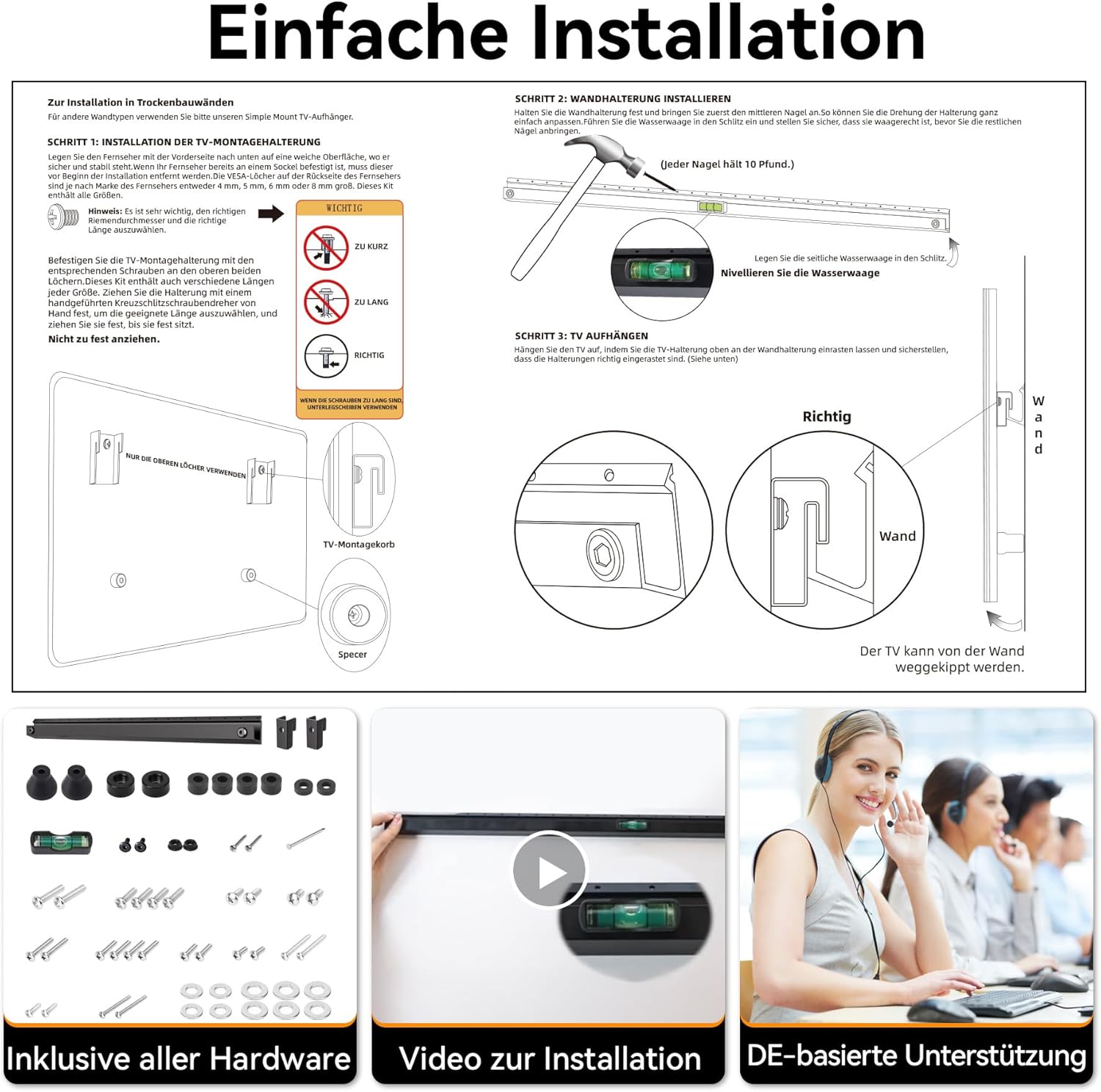 Thumbnail 6 de Aetubree Studless TV Wandhalterung 22–55 Zoll, VESA bis 400 × 400 mm – ohne Bohren