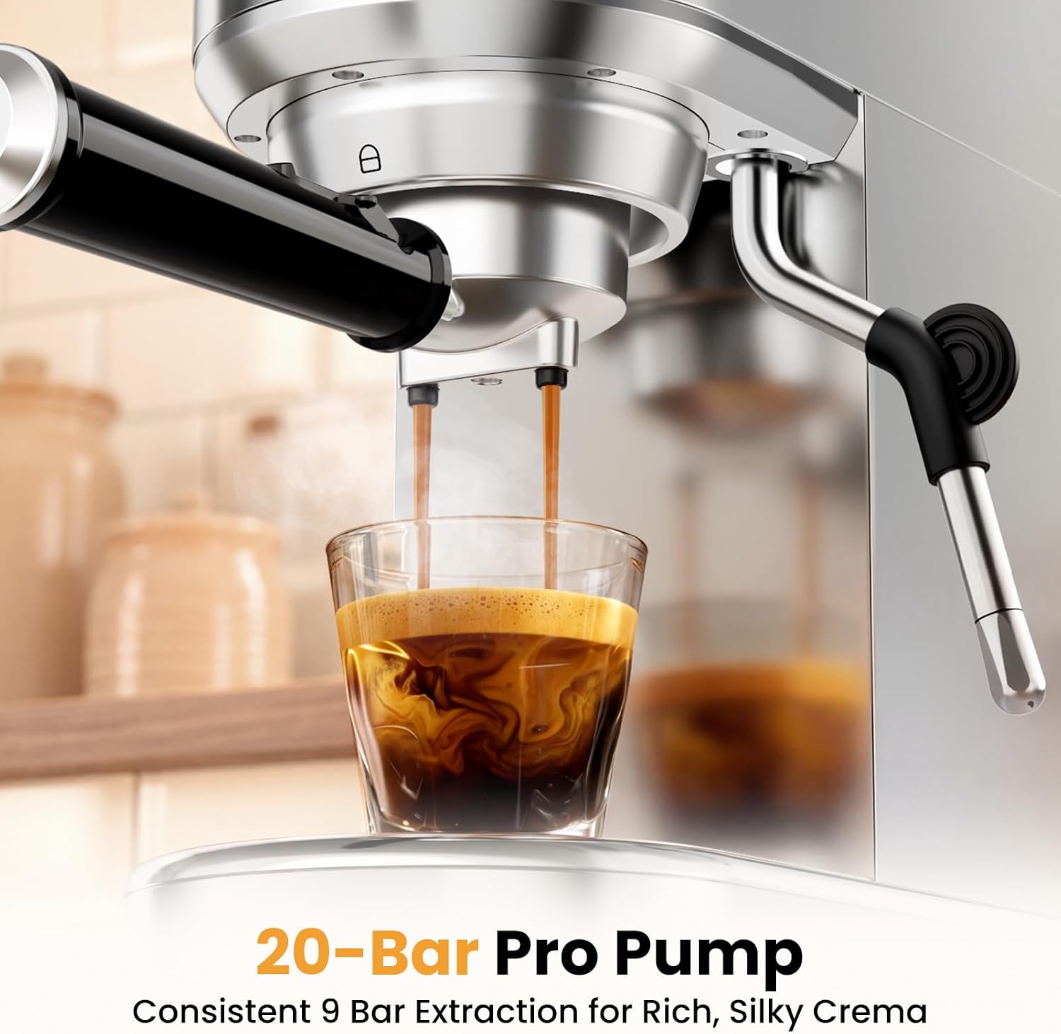 Detalle de AERCANA Espresso Machine 20 Bar – Compact 2-in-1 with Milk Frother (Silver)