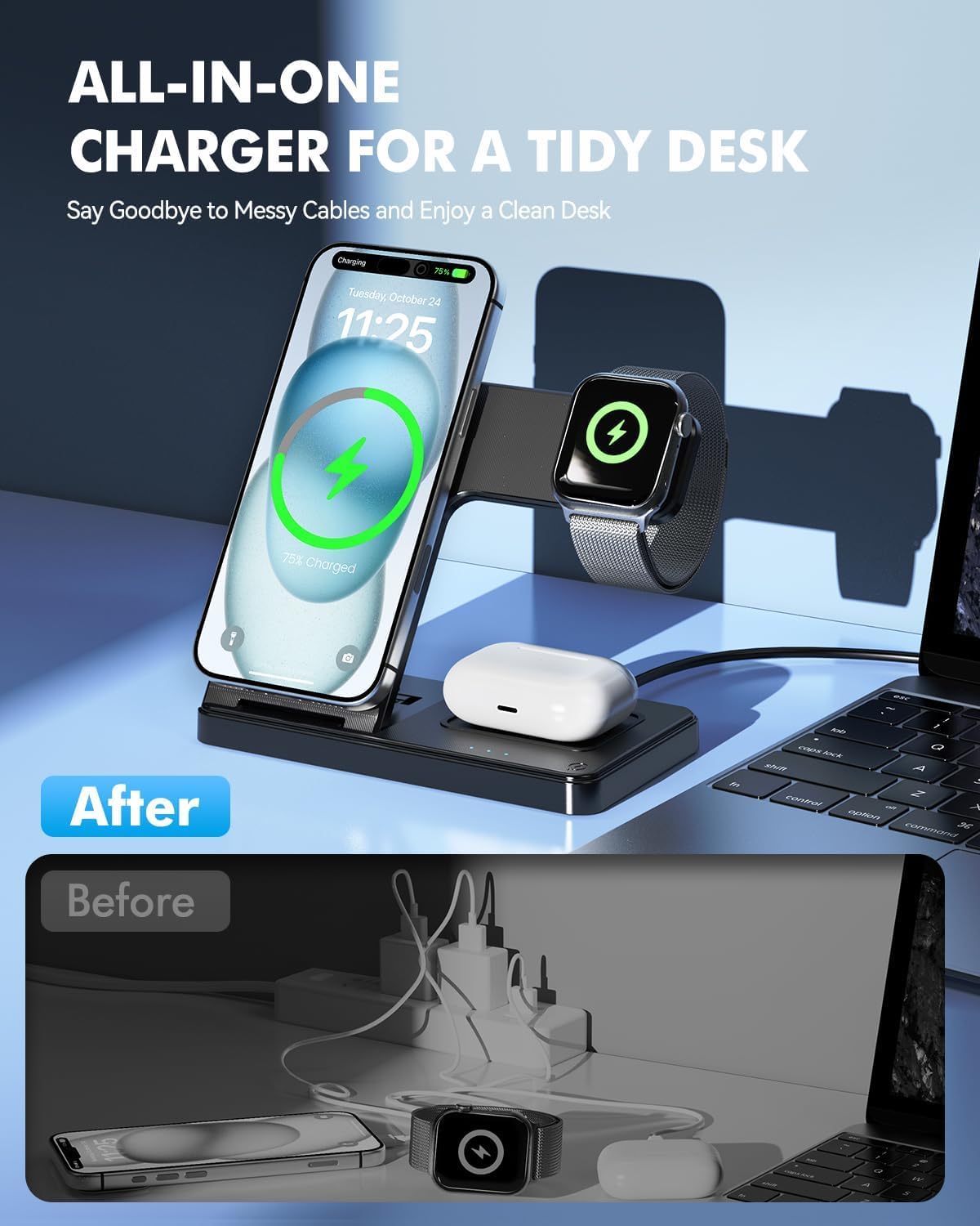 Detalle de MagSafe Charger 25W Magnetic 3-in-1 Wireless Charging Station for Apple (Phone, Watch, AirPods)