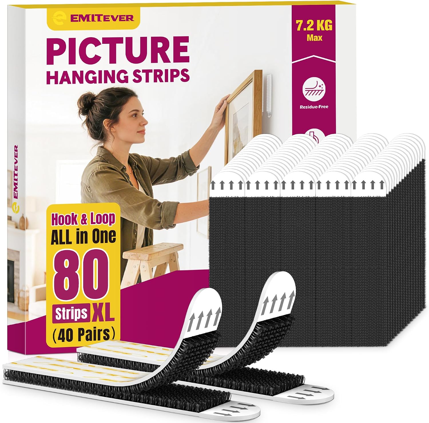 Detalle de Emitever Heavy Duty XL Picture Hanging Strips – 80 Strips (40 Pairs), Holds up to 7.2 kg