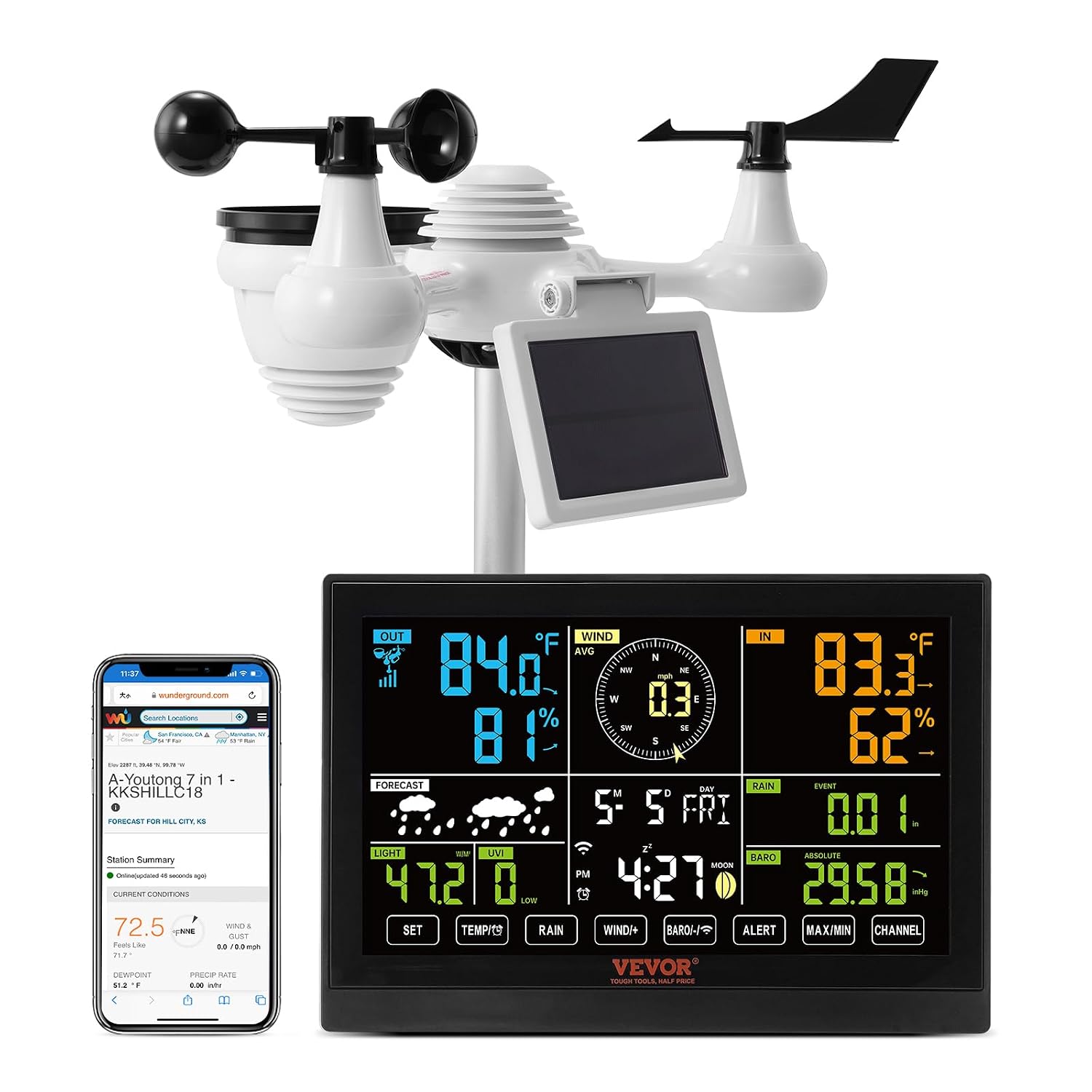 Detalle de VEVOR Profi WLAN-Wetterstation 7-in-1