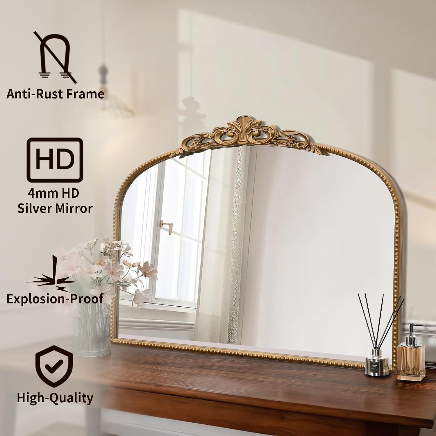 Detalle de Micasso Vintage Wall Gold Mirror: 32x24" French Baroque Antique Beveled Arch
