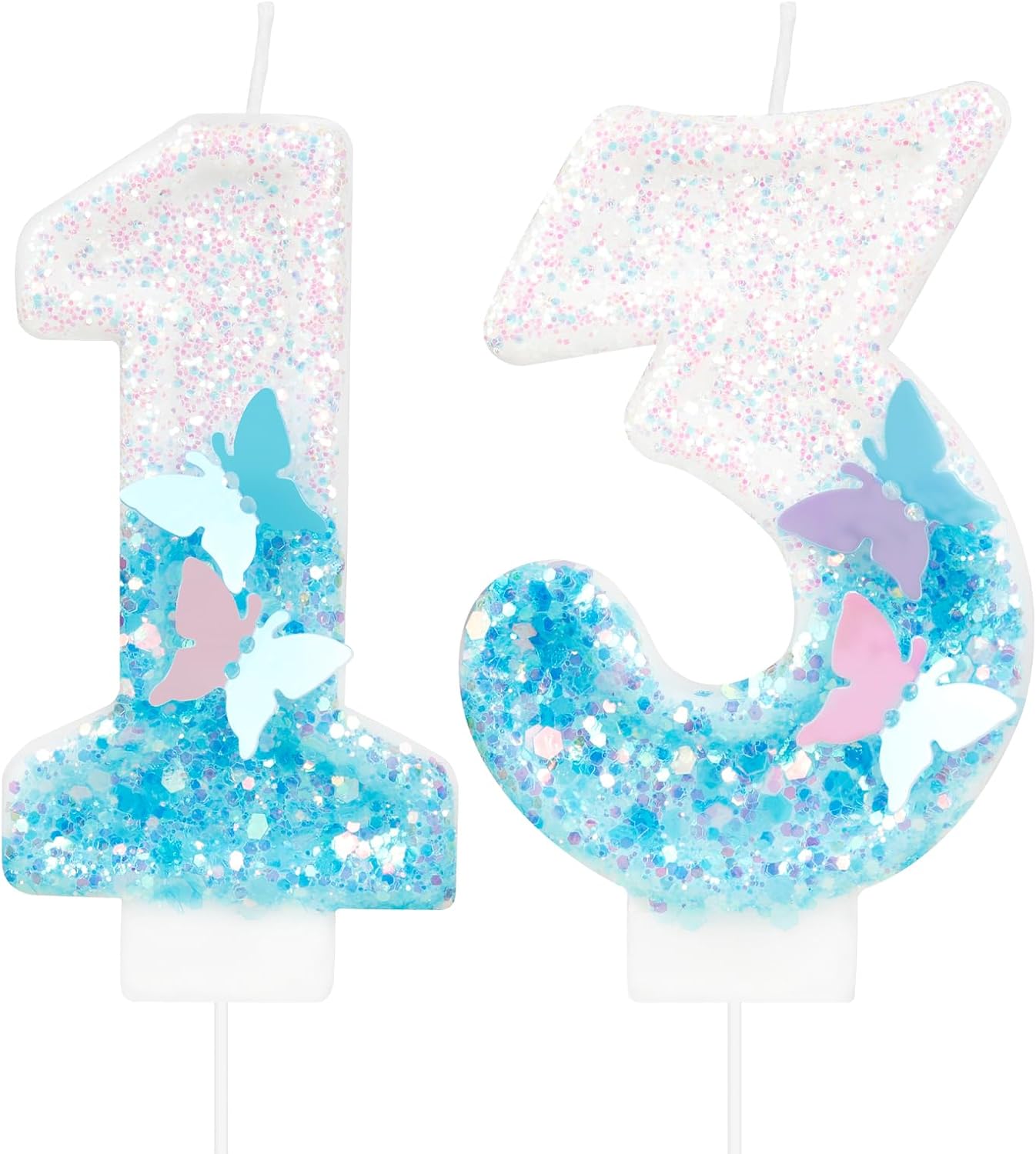 Thumbnail 6 de Yiran Geburtstagskerzen „Zahlen 21“ mit Schmetterling & blaue Pailletten – personalisierte Kuchendeko