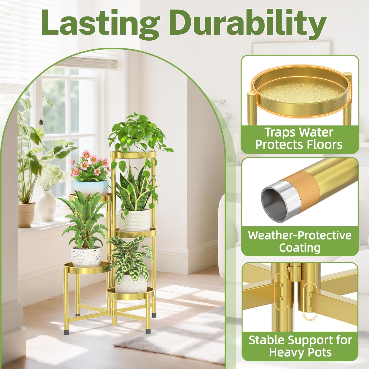 Thumbnail 4 de iDavosic.ly 5-Tier Metal Plant Stand, Gold, Folding Corner Shelf