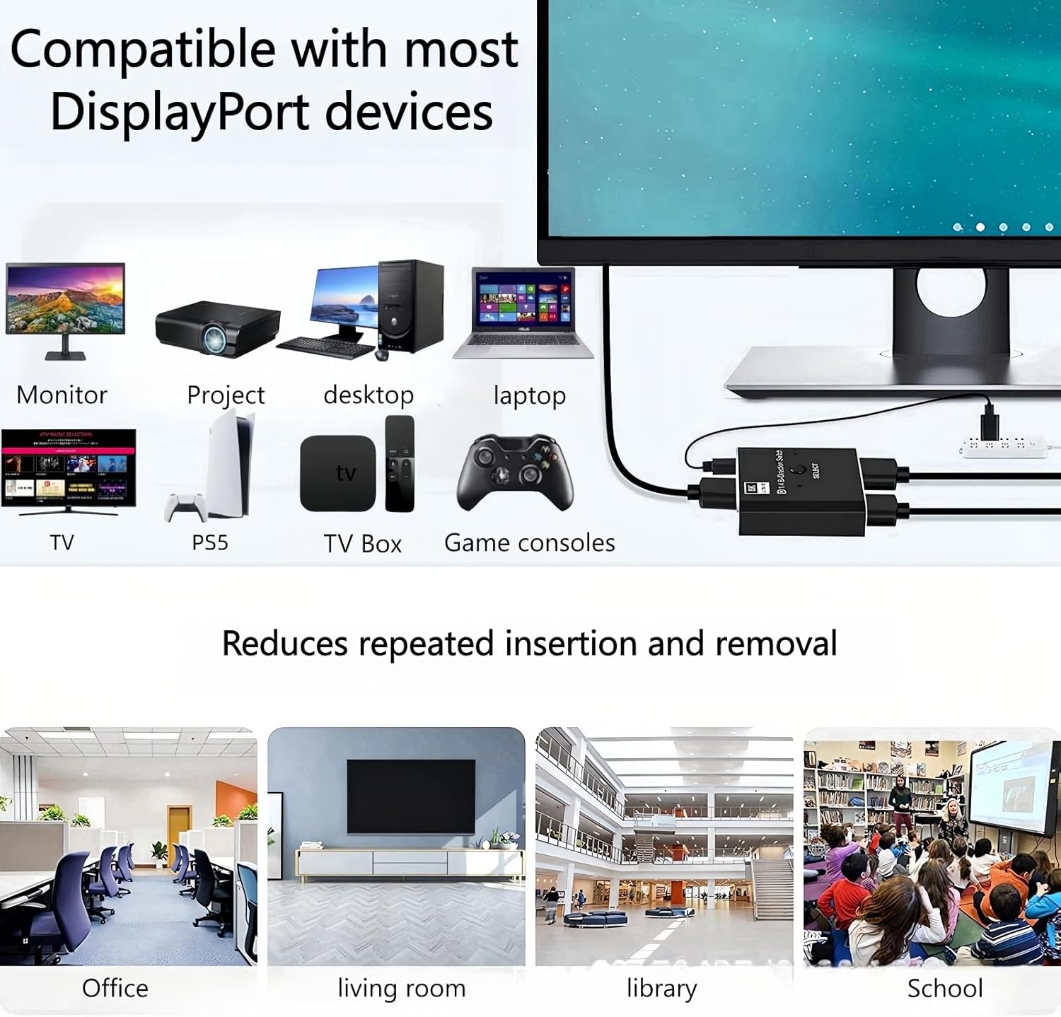 Thumbnail 1 de DisplayPort Switch 8K Bi-directional DP Switcher (1 in 2 out / 2 in 1 out) DP 1.4 8K@60Hz, USB-powered – Black