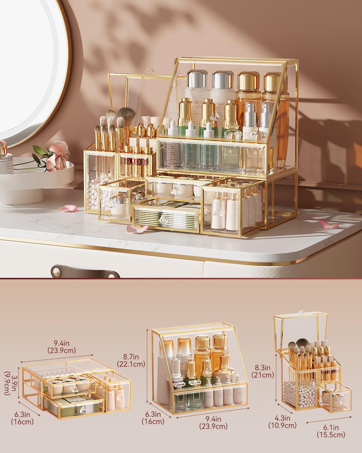 Detalle de CoralHouse 3-Piece Glass Makeup Organizer with Lid — Gold Frame