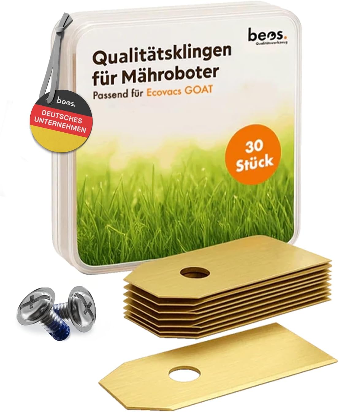 BEOS 30x Premium Titan Ersatzmesser & Schrauben mit Sicherung für Ecovacs Mähroboter