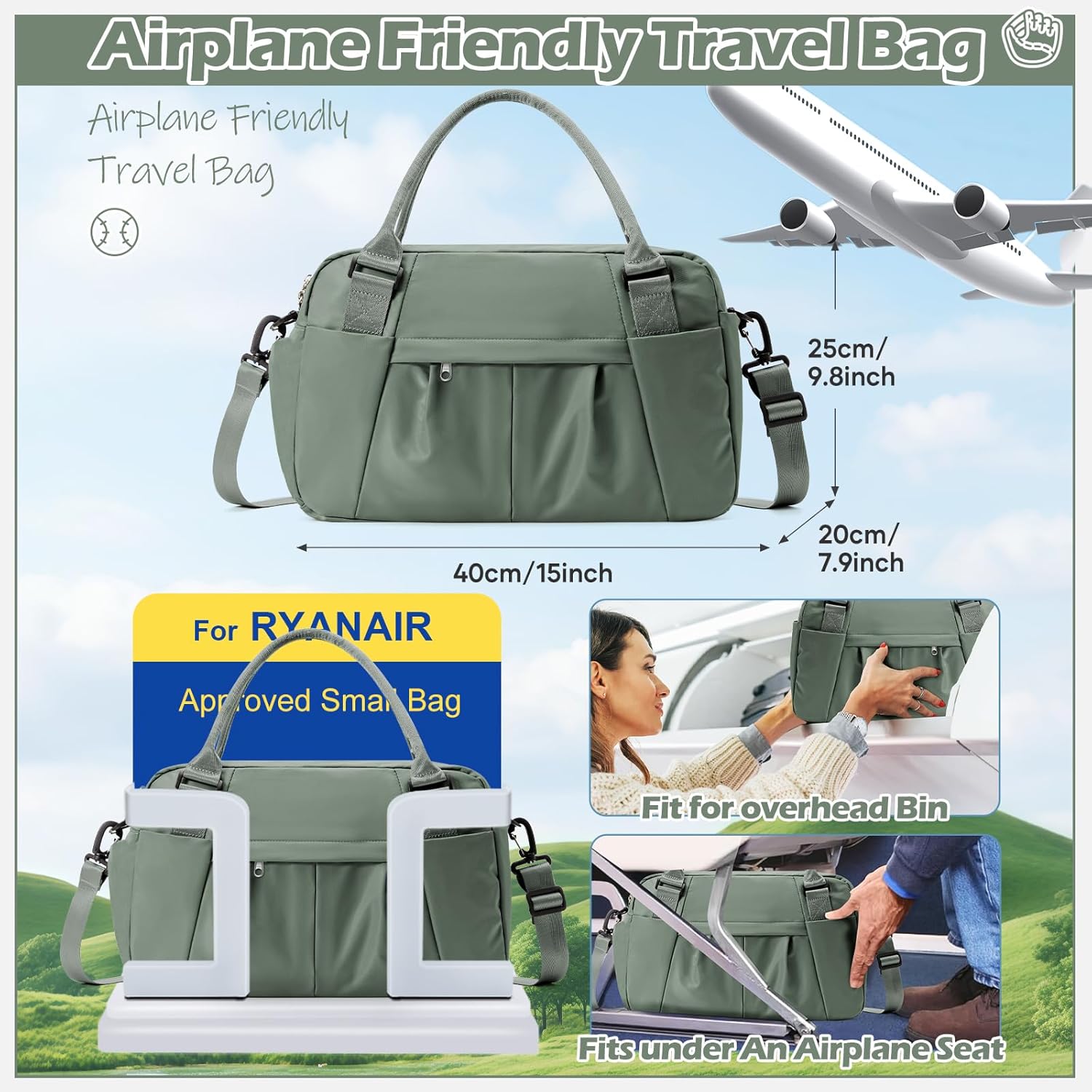 Thumbnail 1 de Reisetasche Damen Sporttasche 40x20x25 cm – Handgepäck 20 Liter, wasserdichte Nassfach, Nylon, B03-Armeegrün