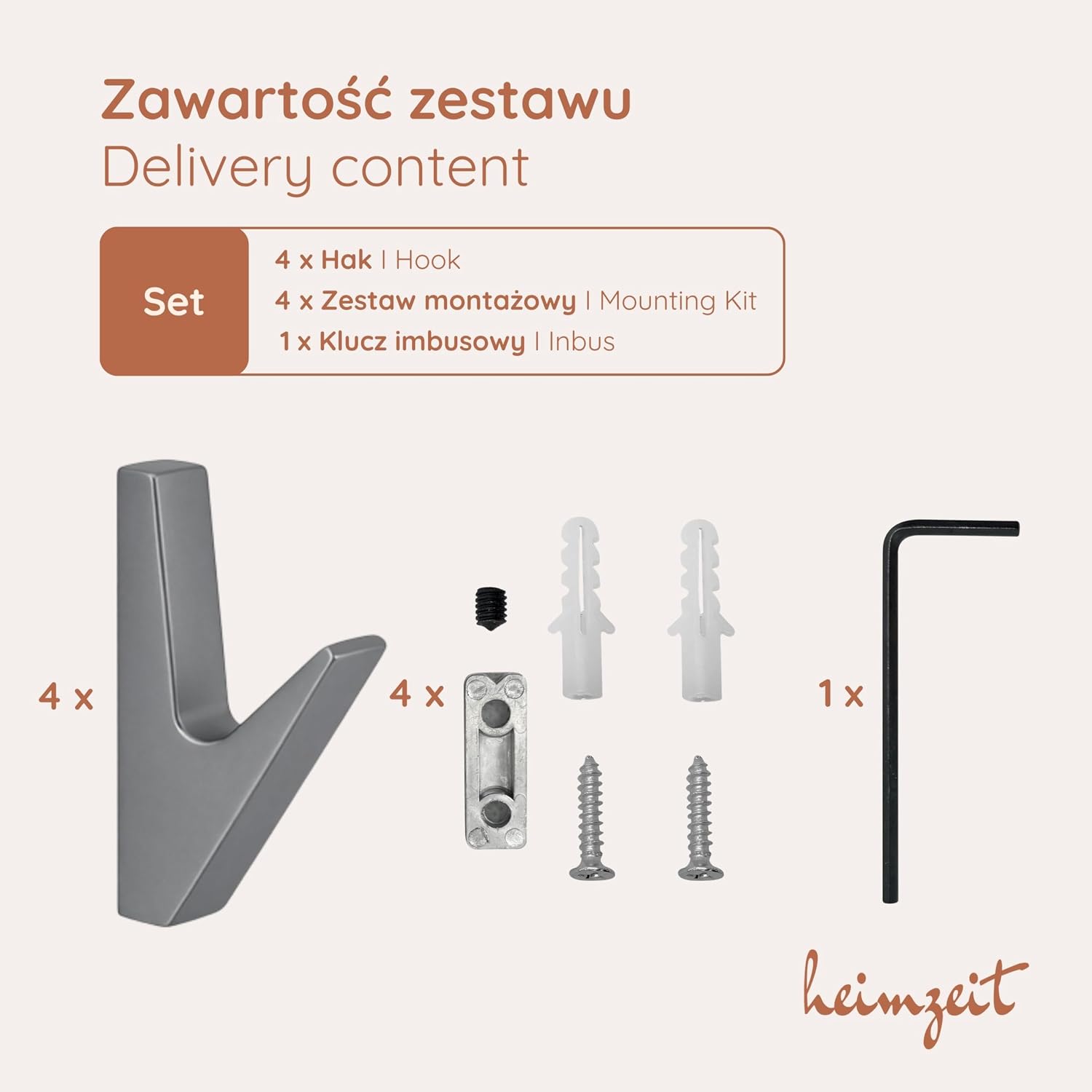 Detalle 1 de heimzeit Volt hook_d1_grey_4P – 4 szare wieszaki ścienne ze stopu cynku