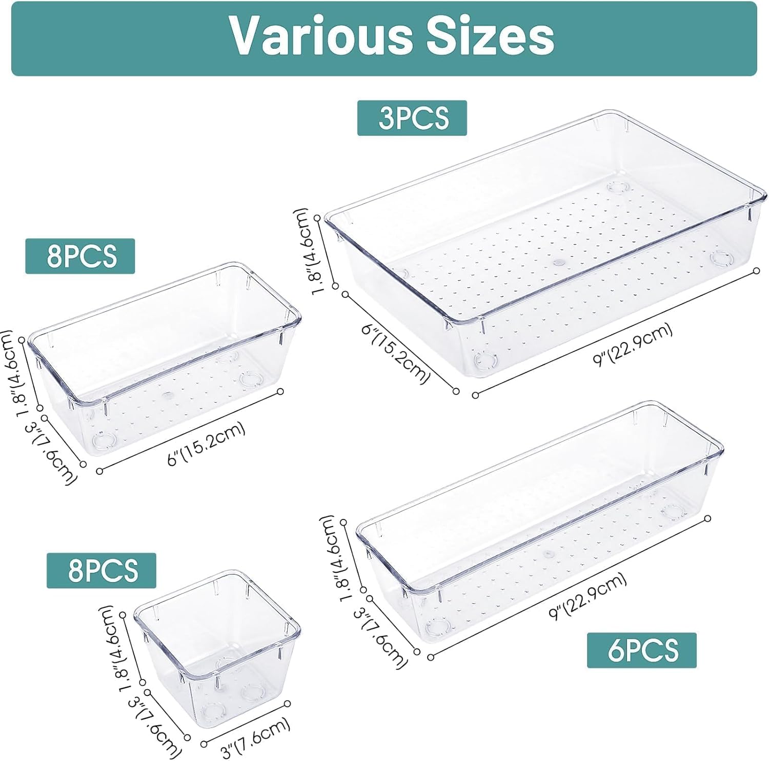 Detalle 2 de WOWBOX WB-02-00041 Clear Drawer Organizer Set, 4 Sizes, Stackable Bins