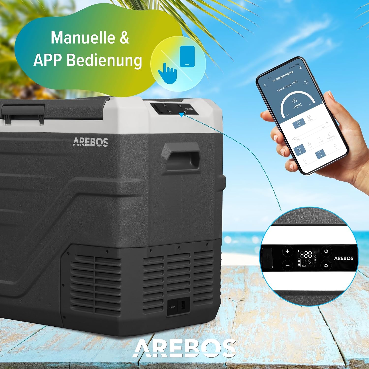 Detalle de Arebos Kompressor Kühlbox 43 Liter – Mobile Gefrierbox mit APP, USB-Ladeanschluss und Smart-Steuerung