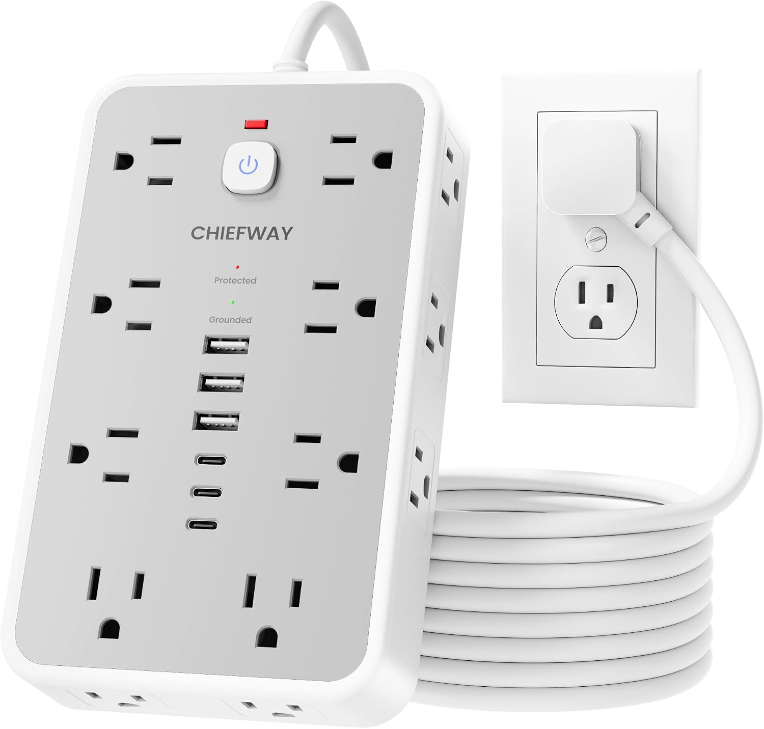 Detalle de Surge Protector Power Strip with 6 USB Ports and 16 Outlets — 6ft Flat Plug, 2400J