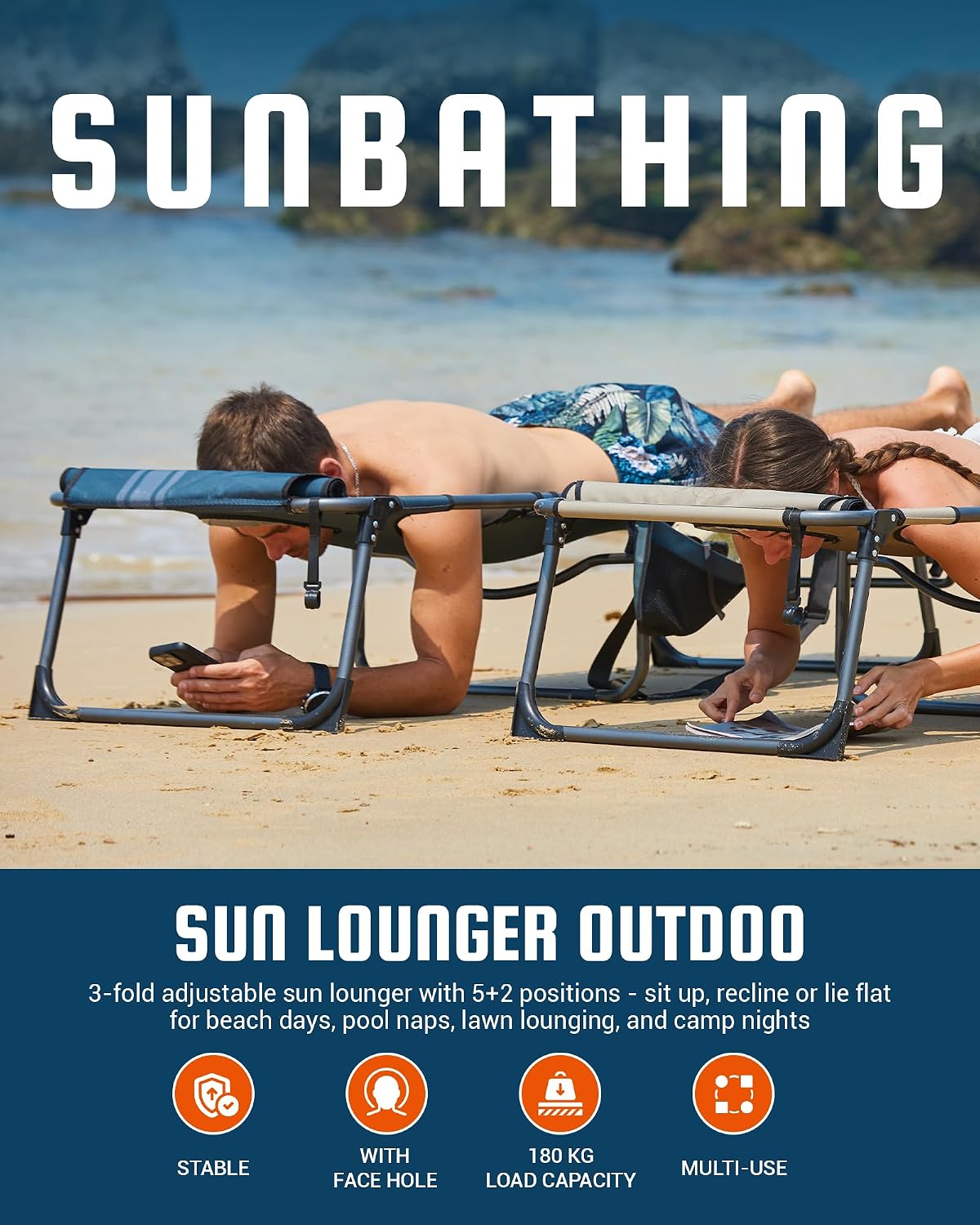 Thumbnail 2 de KingCamp Sun Lounger with Face Hole (up to 180 kg) – 5-position folding tanning chair for garden and beach