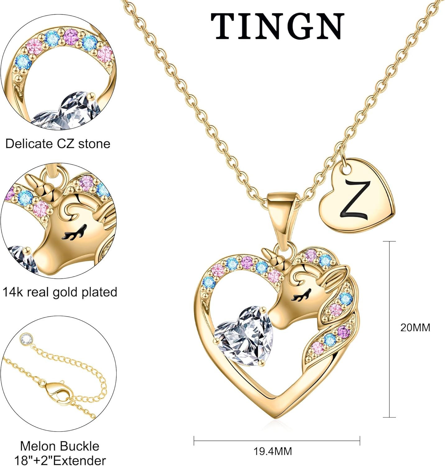 Thumbnail 1 de TINGN Cadeau licorne pour fille – Collier plaqué or 14 carats avec pendentif cœur et lettres