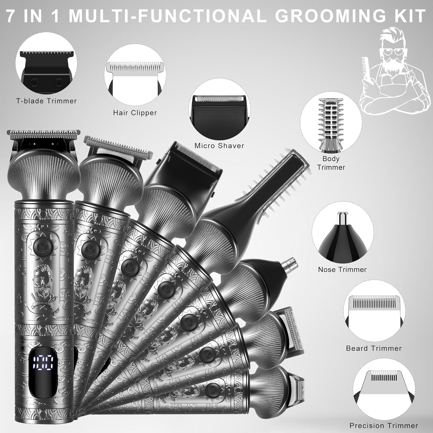 Thumbnail 1 de Surker Men’s 7-in-1 Professional Grooming Kit (T-Blade Trimmer) – Cordless, USB Rechargeable