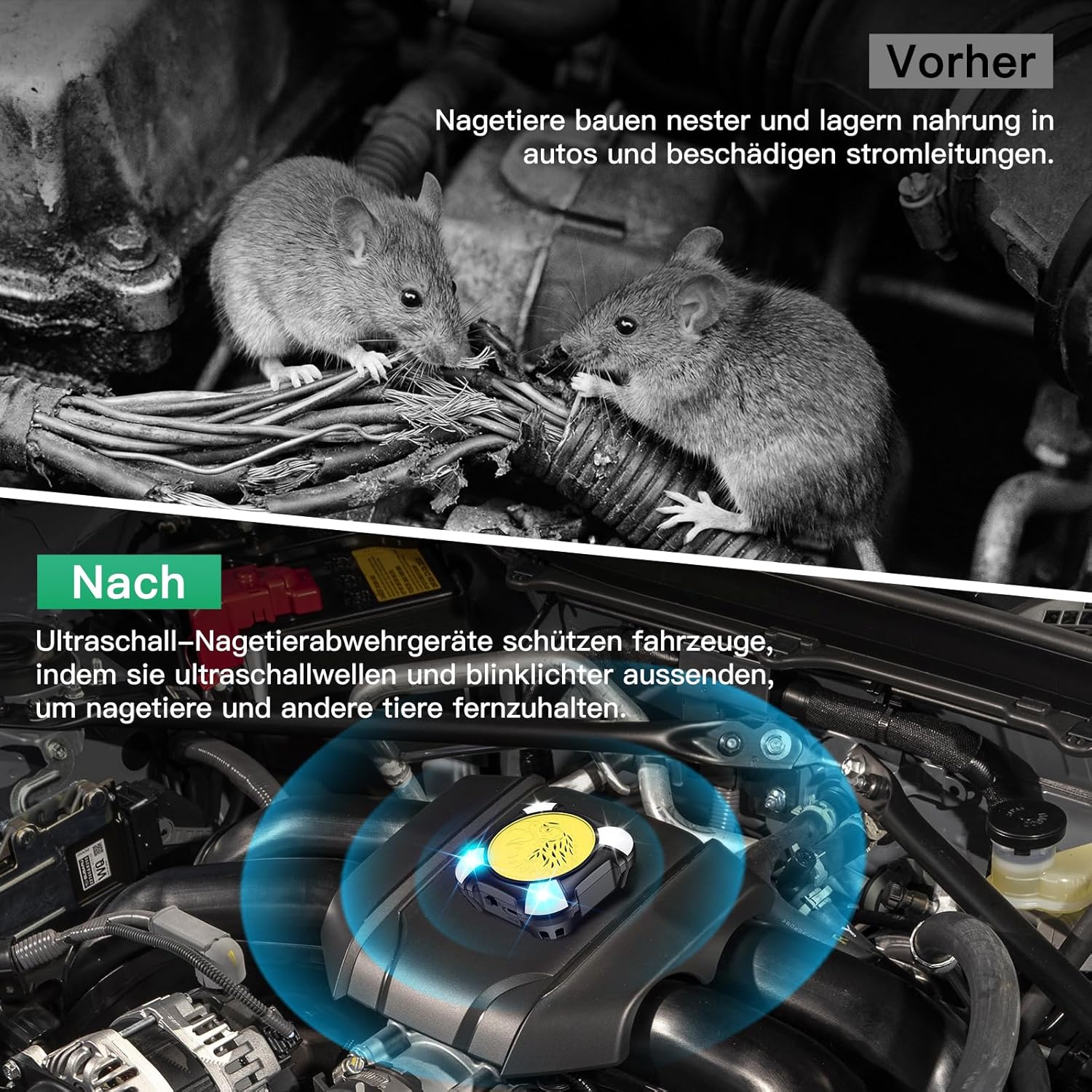 Thumbnail 3 de Onherm Marderschreck Auto Ultraschall-Mausabwehr (22–50 kHz) mit LED-Blinkwarnleuchte – 12V und USB-Stromversorgung