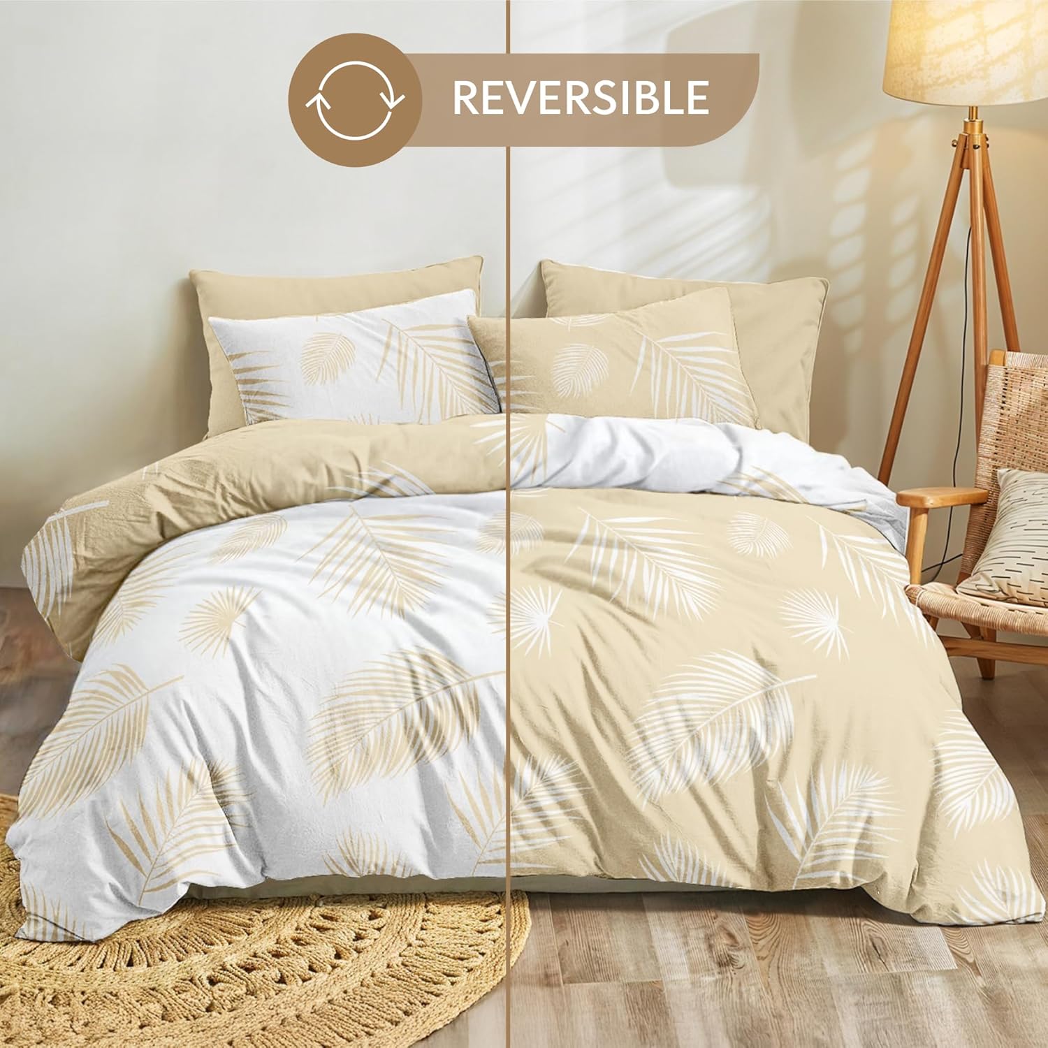 Thumbnail 2 de Dreamzie parure housse de couette 260 x 240 cm microfibre beige blanc avec 2 taies 65 x 65 cm