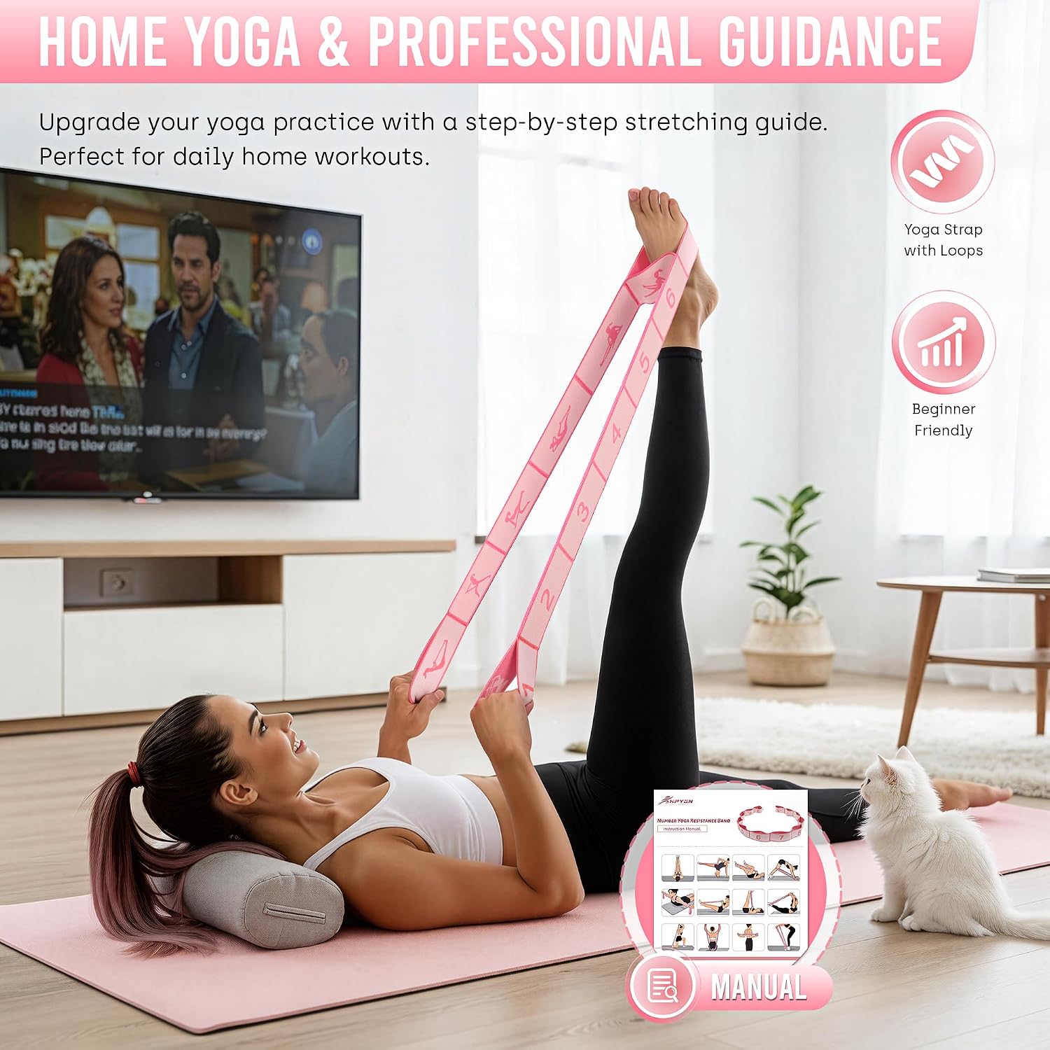 Detalle de GHCTFE Stretch Bands for Exercise, 12-Loop Numbered Yoga Strap, Pink
