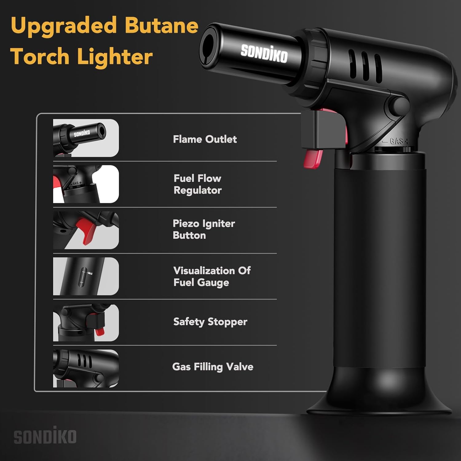Detalle 2 de Sondiko Flambierbrenner mit Tankanzeige S907 (2er-Set) – nachfüllbarer Bunsenbrenner für Küche & Camping