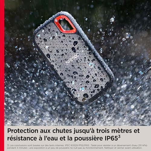 Detalle de SanDisk Extreme SSD externe 2 To : performance NVMe, robustesse IP65 et USB-C